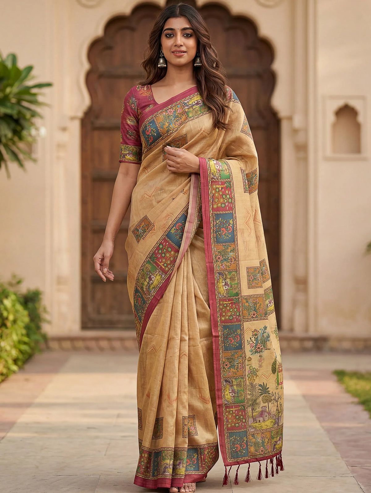 Woman wearing a beige ethnic saree with colorful printed borders and patterns