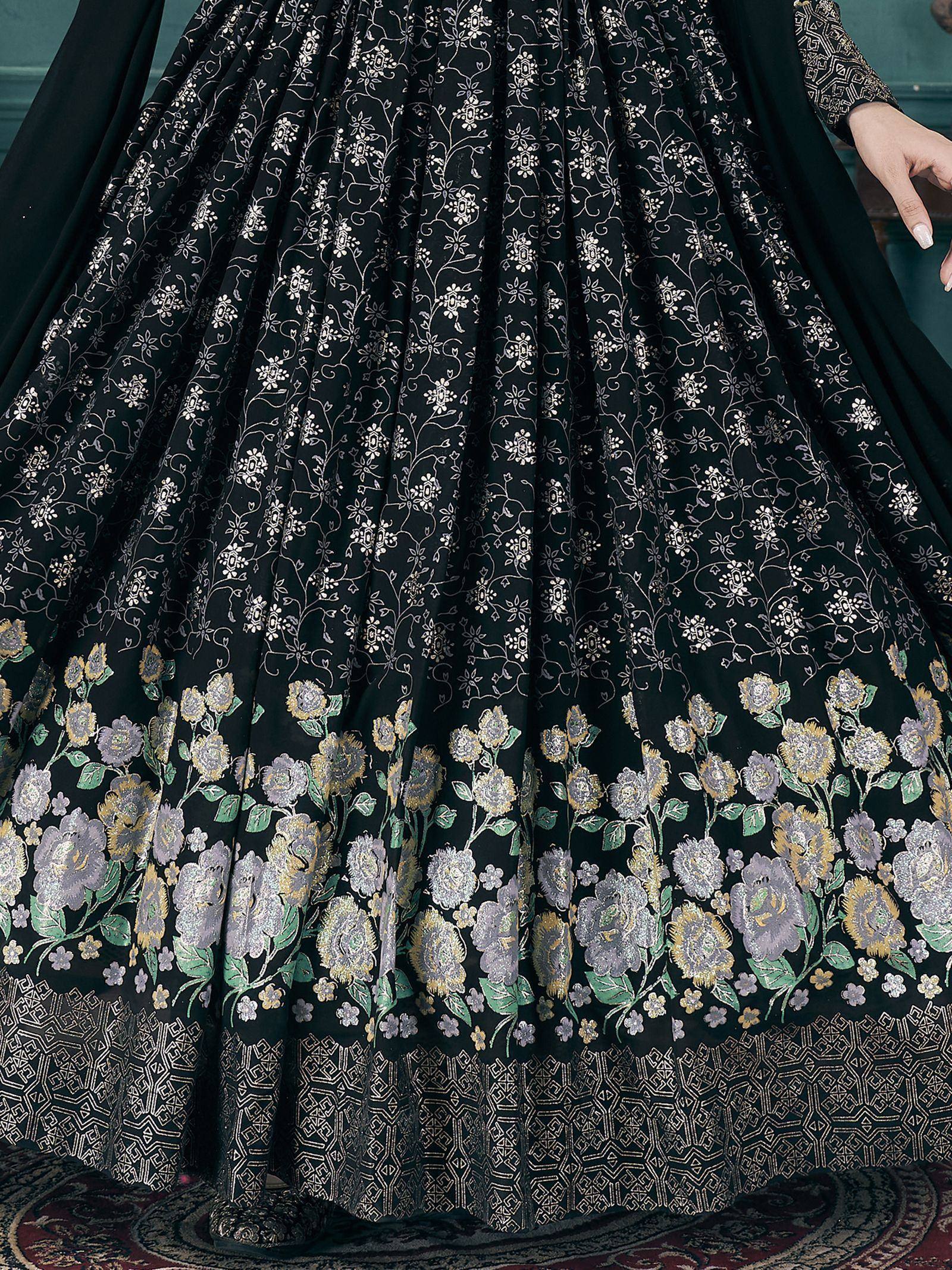 Black floral embroidered lehenga with silver and gold detailing, perfect for Indian ethnic wear