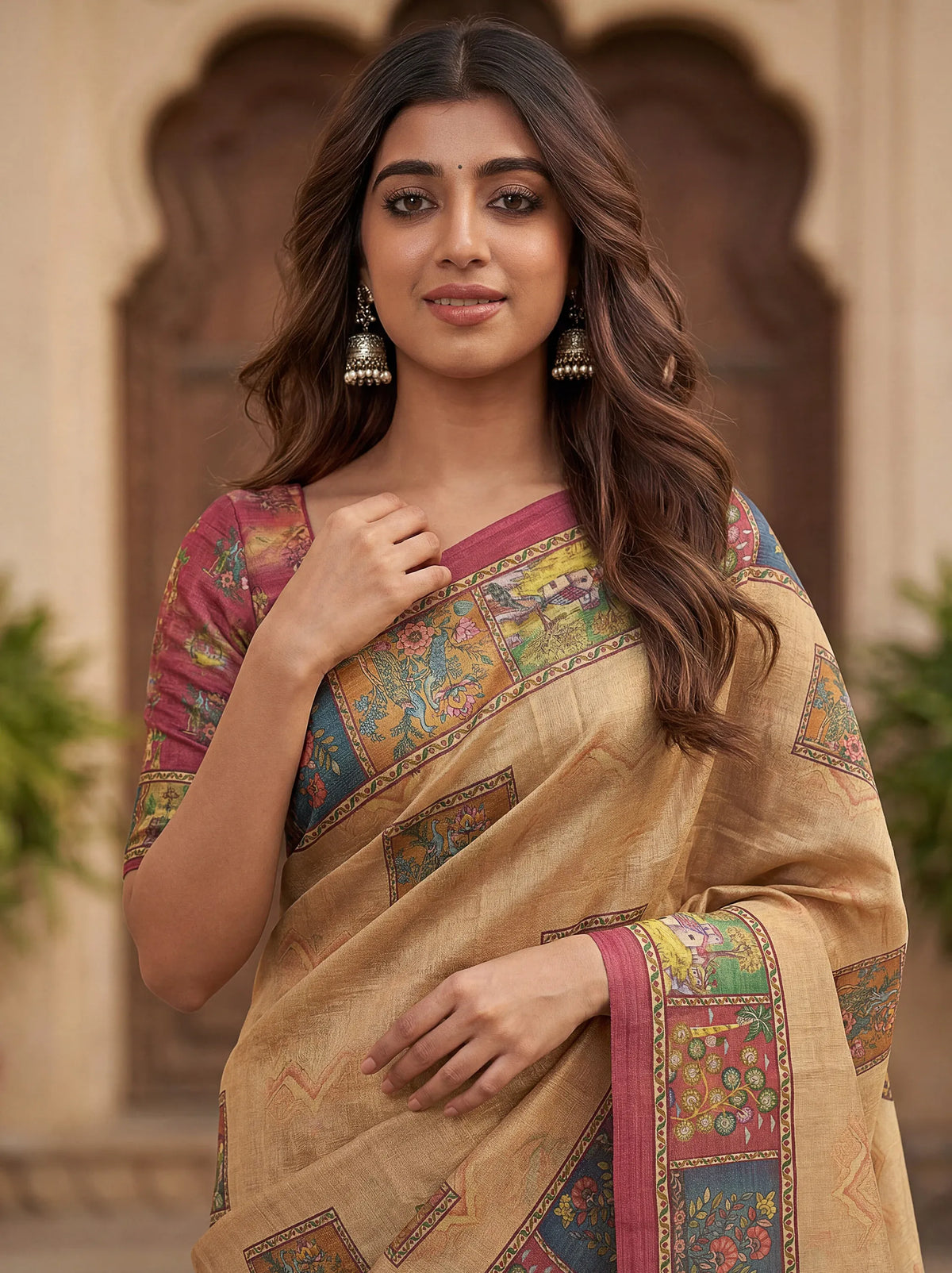 Woman wearing a beige printed ethnic saree with a pink floral blouse and traditional jhumkas.