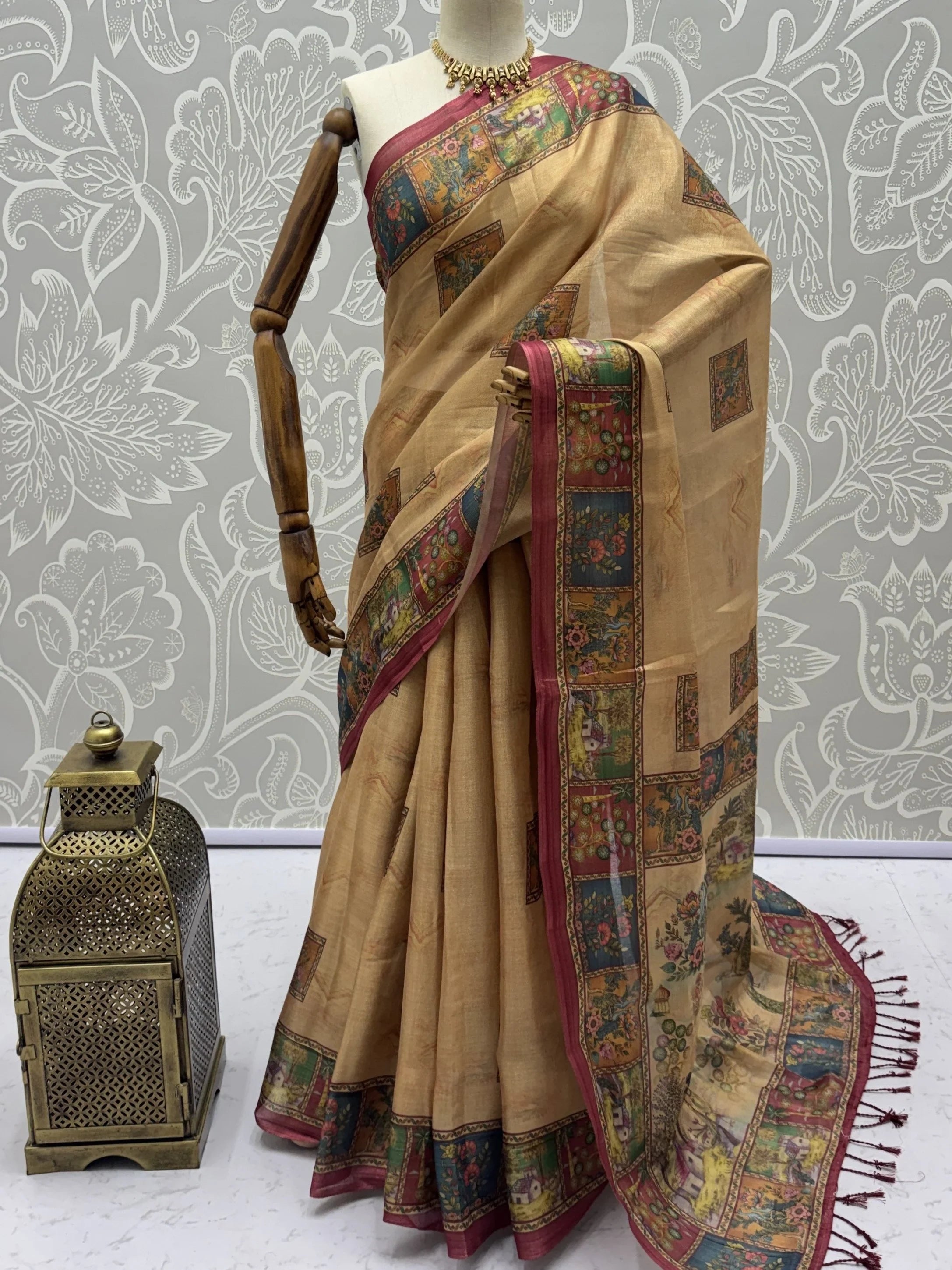 Delightful Beige Printed Silk Wedding Wear Saree With Blouse