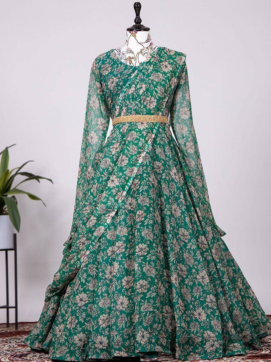 Green floral ethnic gown with gold belt, perfect for Indian occasions and festive wear