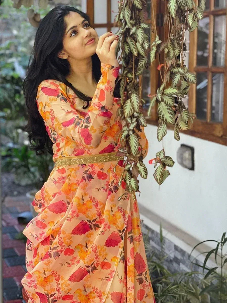 Floral print ethnic gown with gold belt, perfect for Indian occasions and festive wear