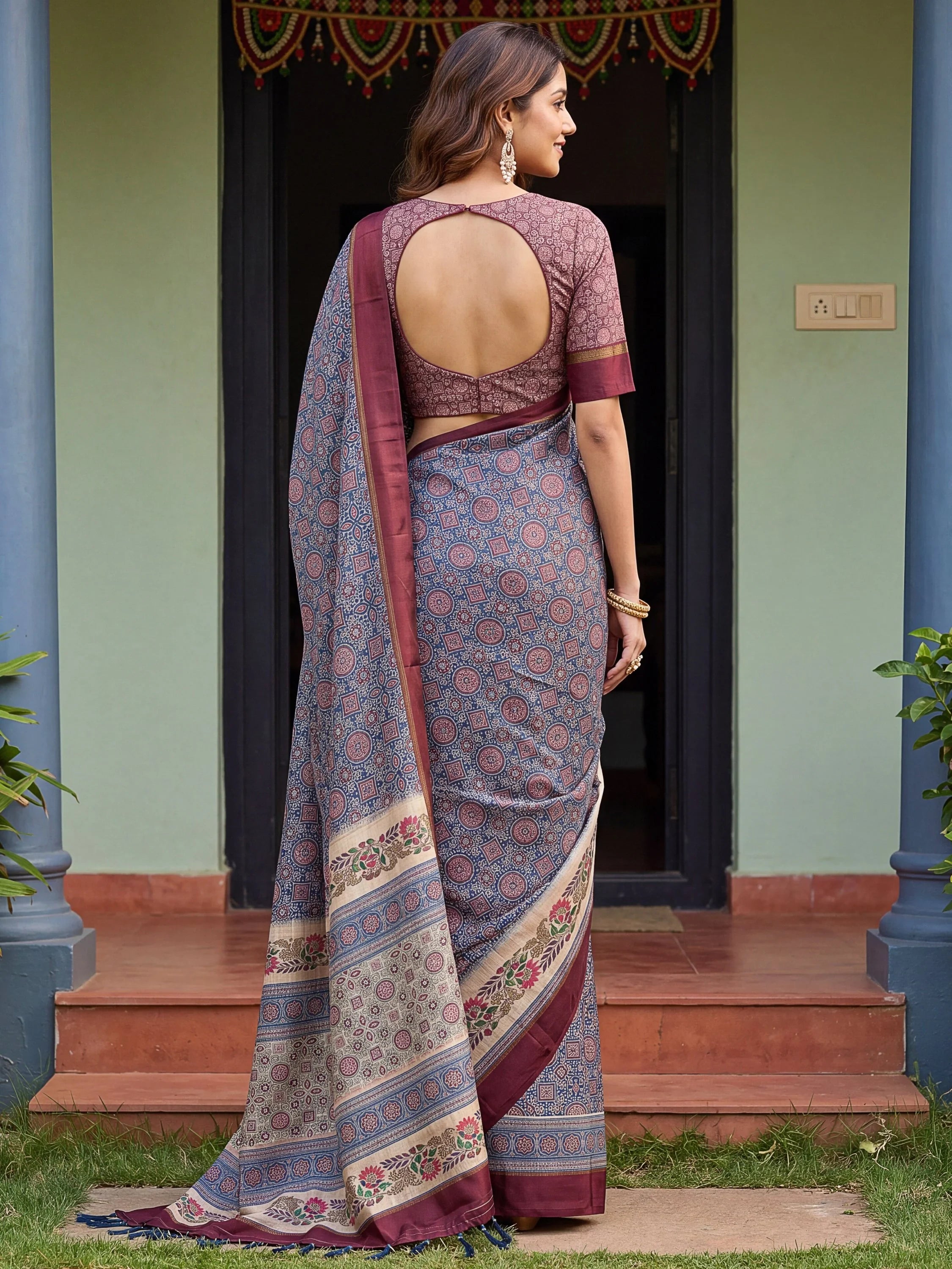 Enchanting Navy Blue Printed Silk Festive Wear Saree With Blouse