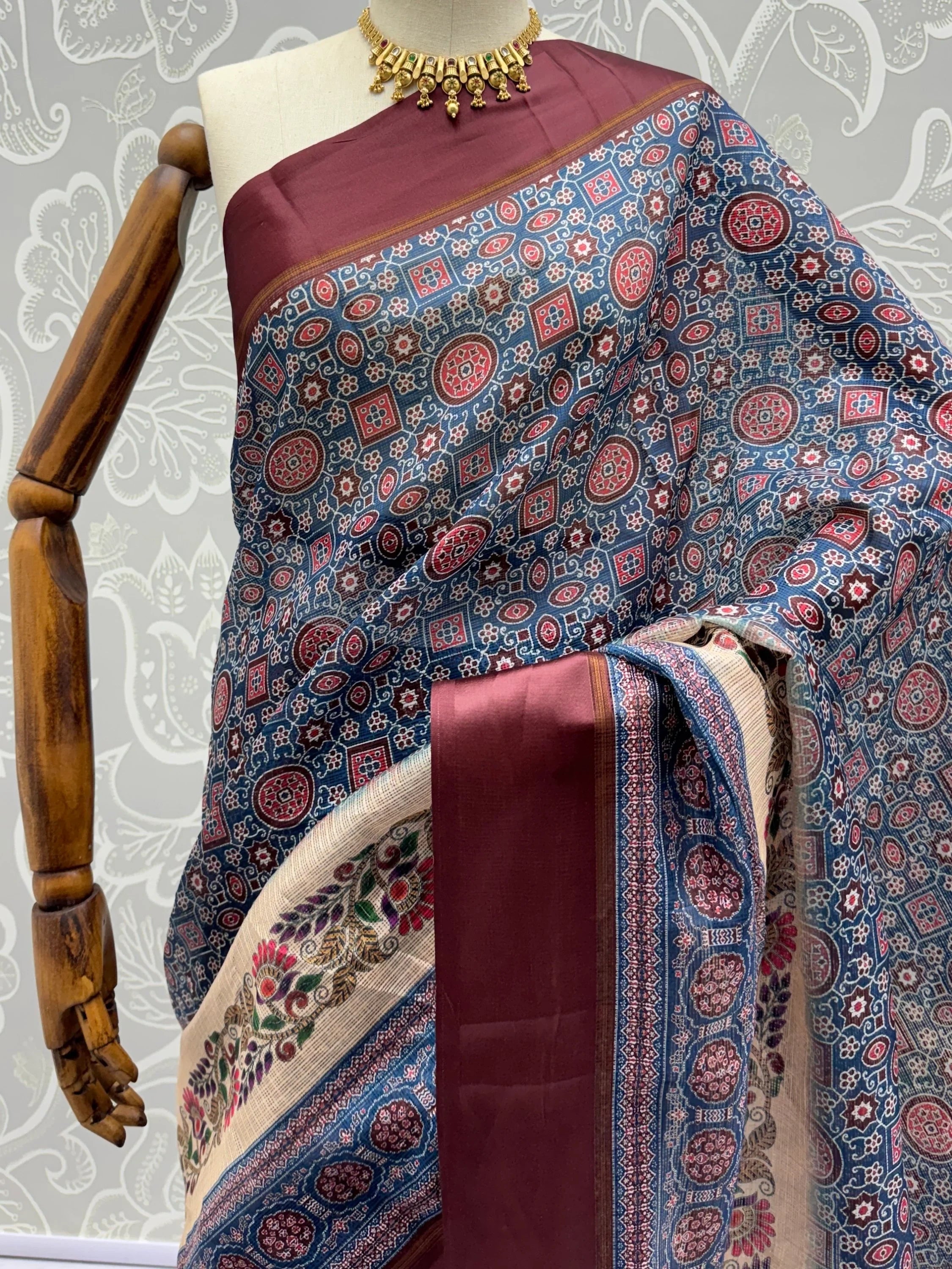 Enchanting Navy Blue Printed Silk Festive Wear Saree With Blouse