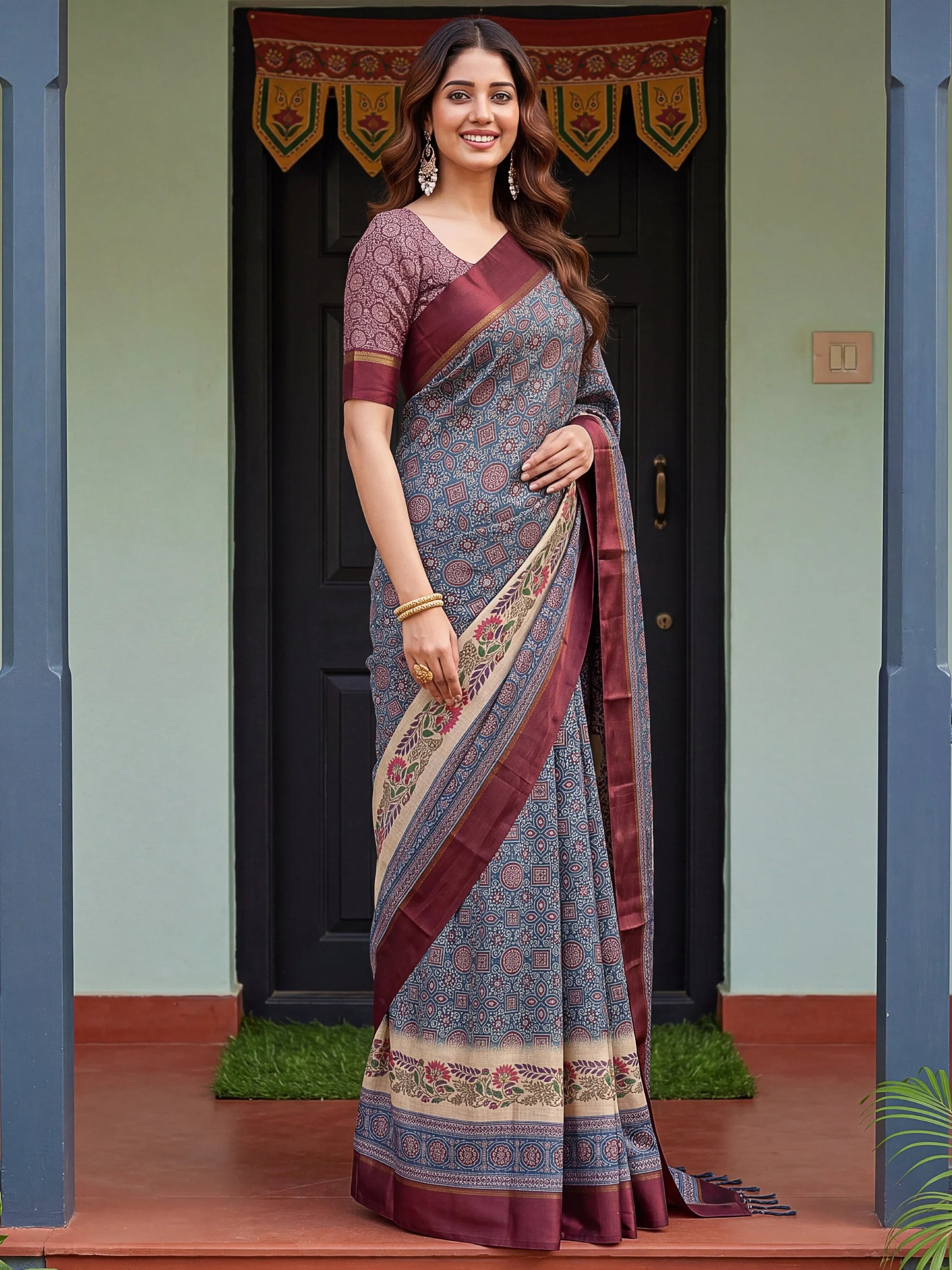 Enchanting Navy Blue Printed Silk Festive Wear Saree With Blouse