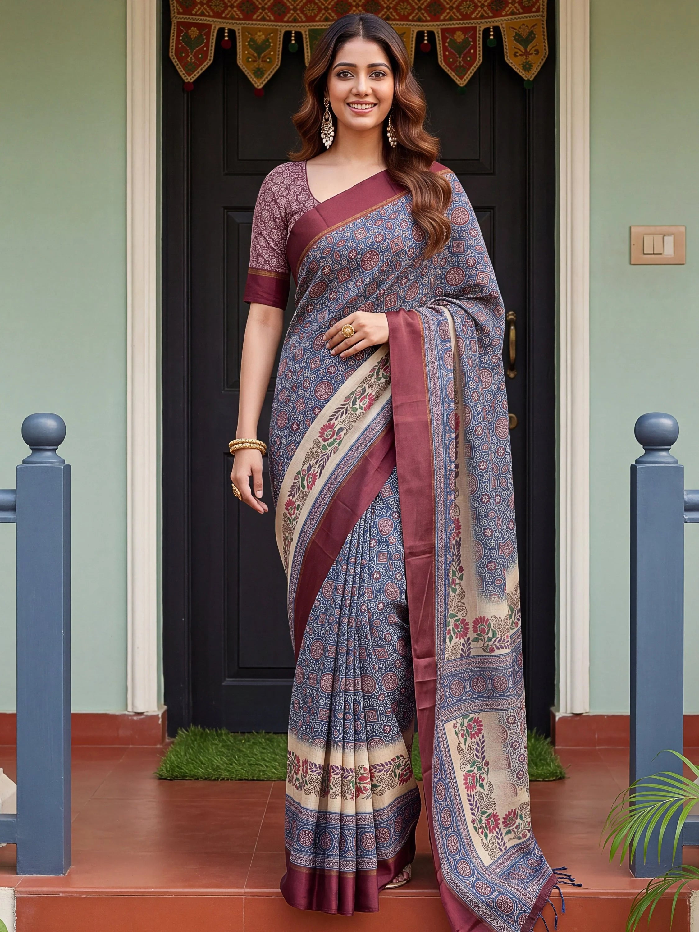 Enchanting Navy Blue Printed Silk Festive Wear Saree With Blouse