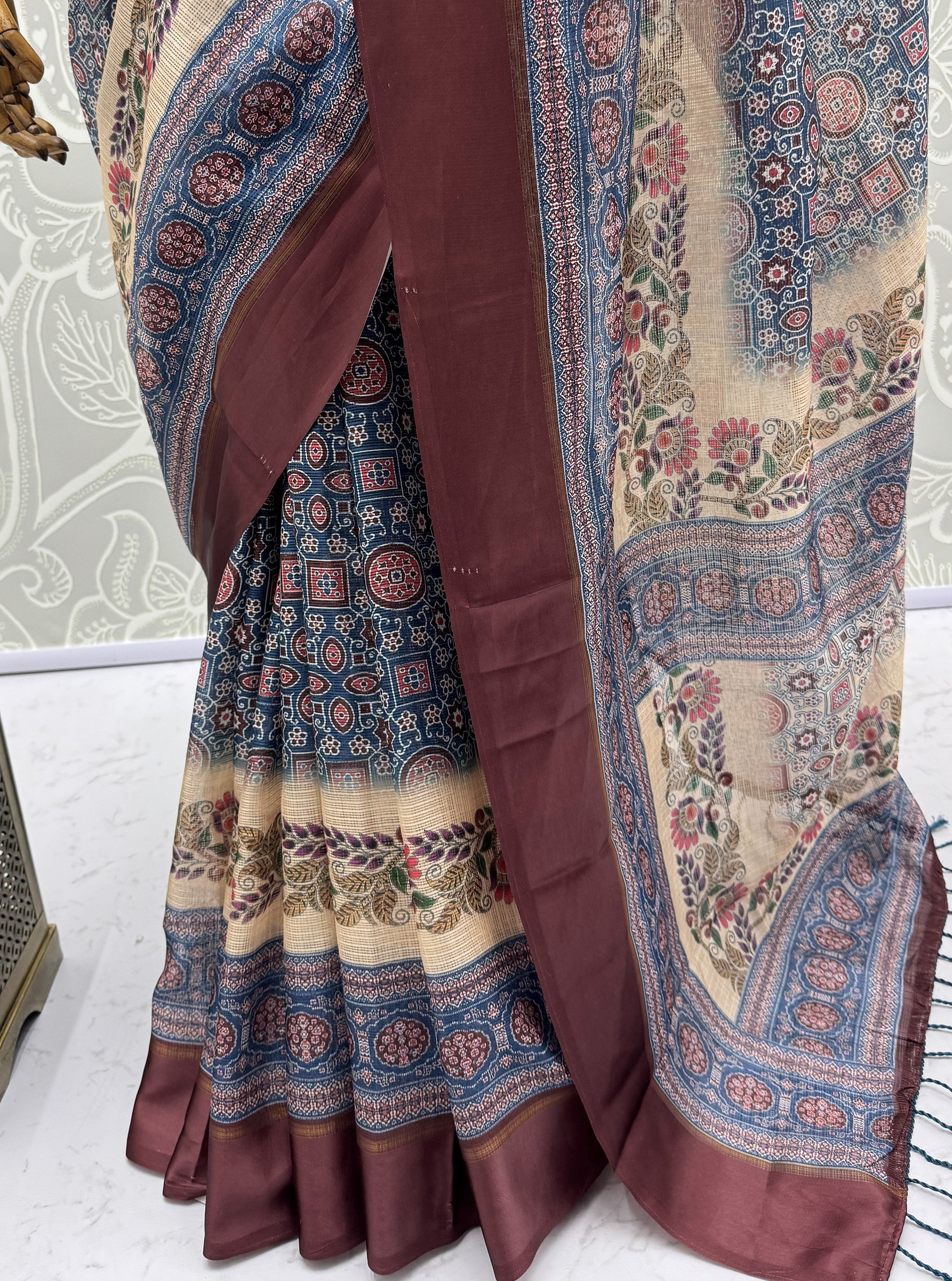 Enchanting Blue Printed Silk Festive Wear Saree With Blouse