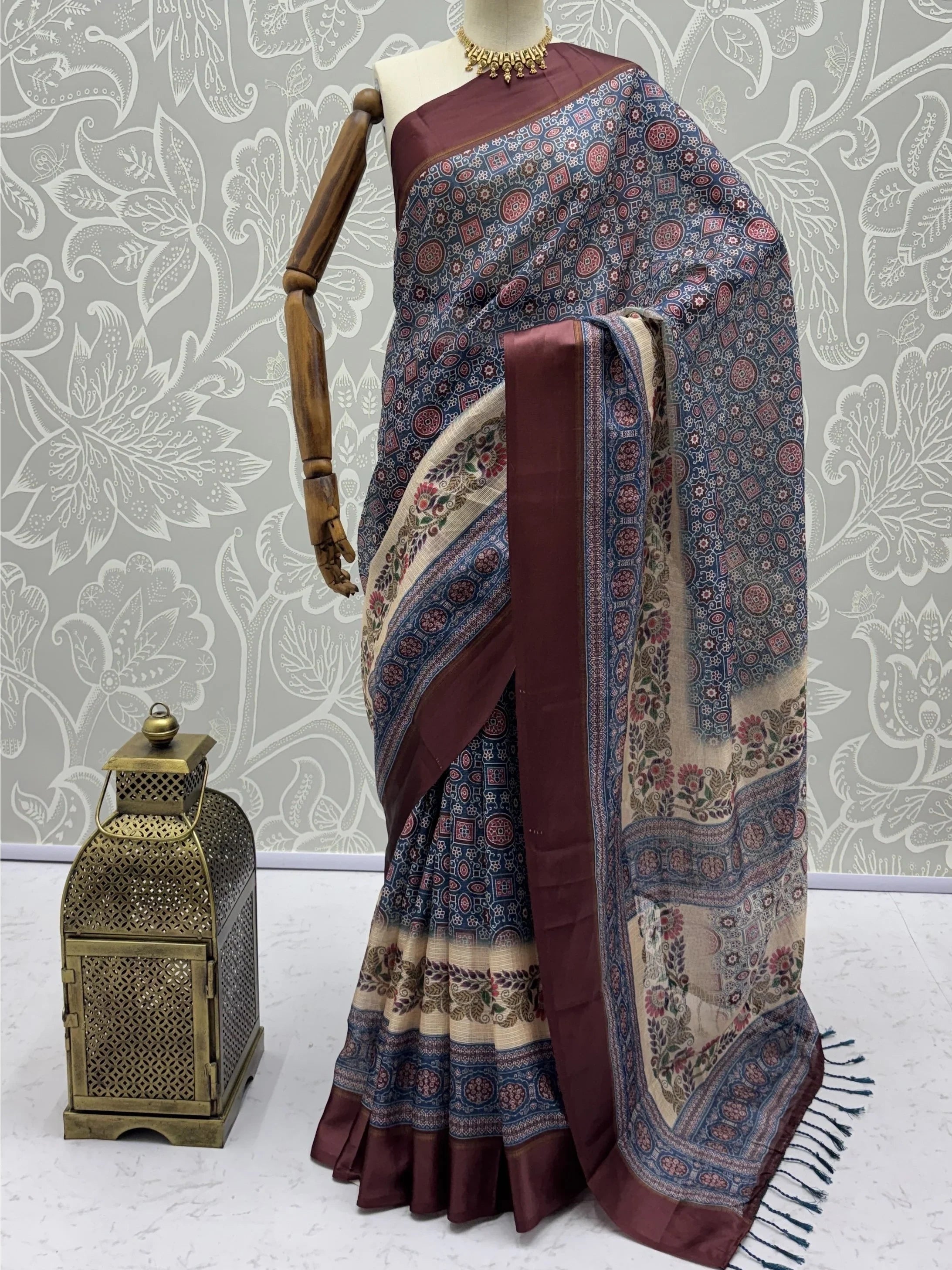 Enchanting Navy Blue Printed Silk Festive Wear Saree With Blouse