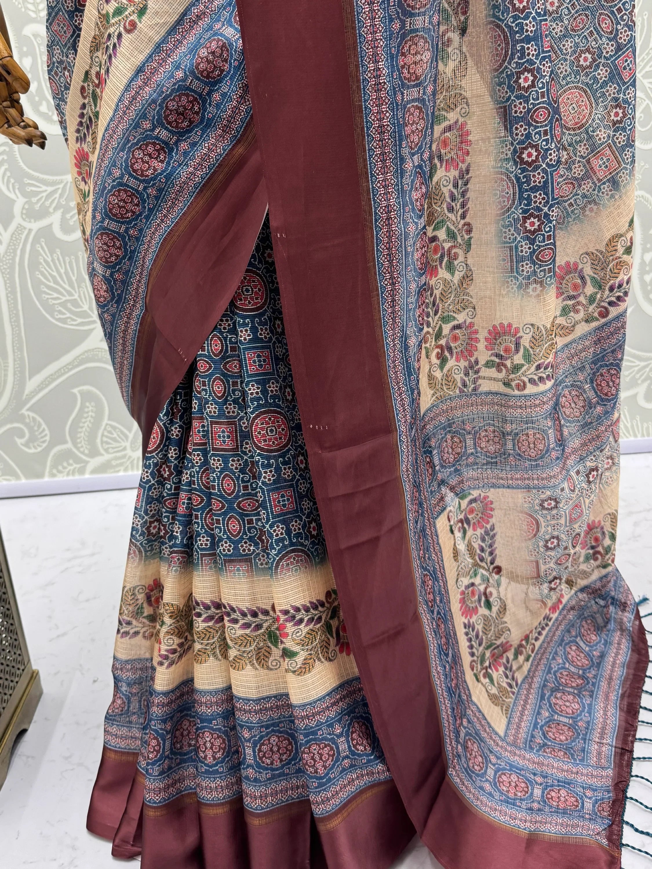 Enchanting Navy Blue Printed Silk Festive Wear Saree With Blouse