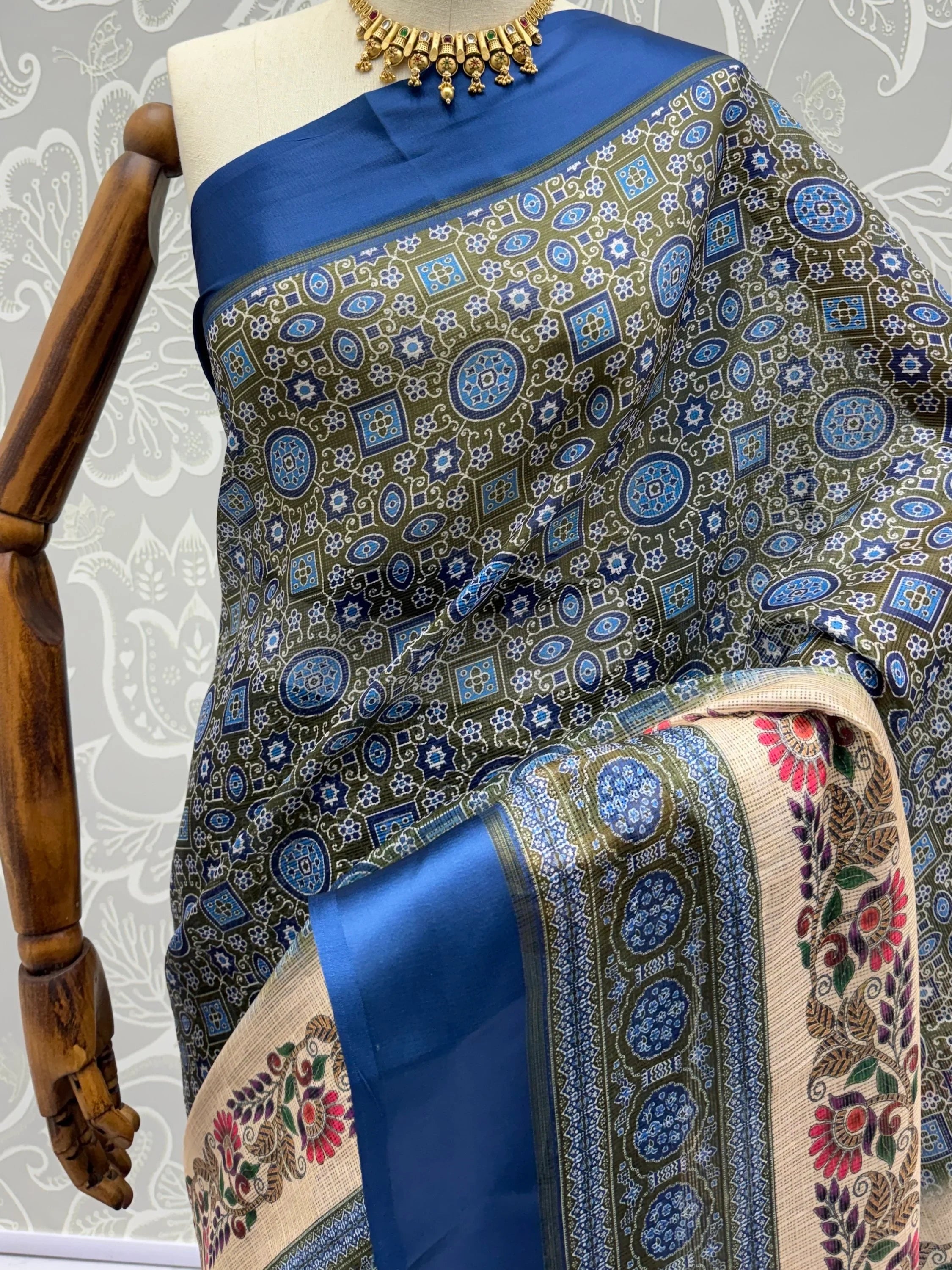 Fascinating Olive Green Digital Printed Silk Event Wear Saree With Blouse