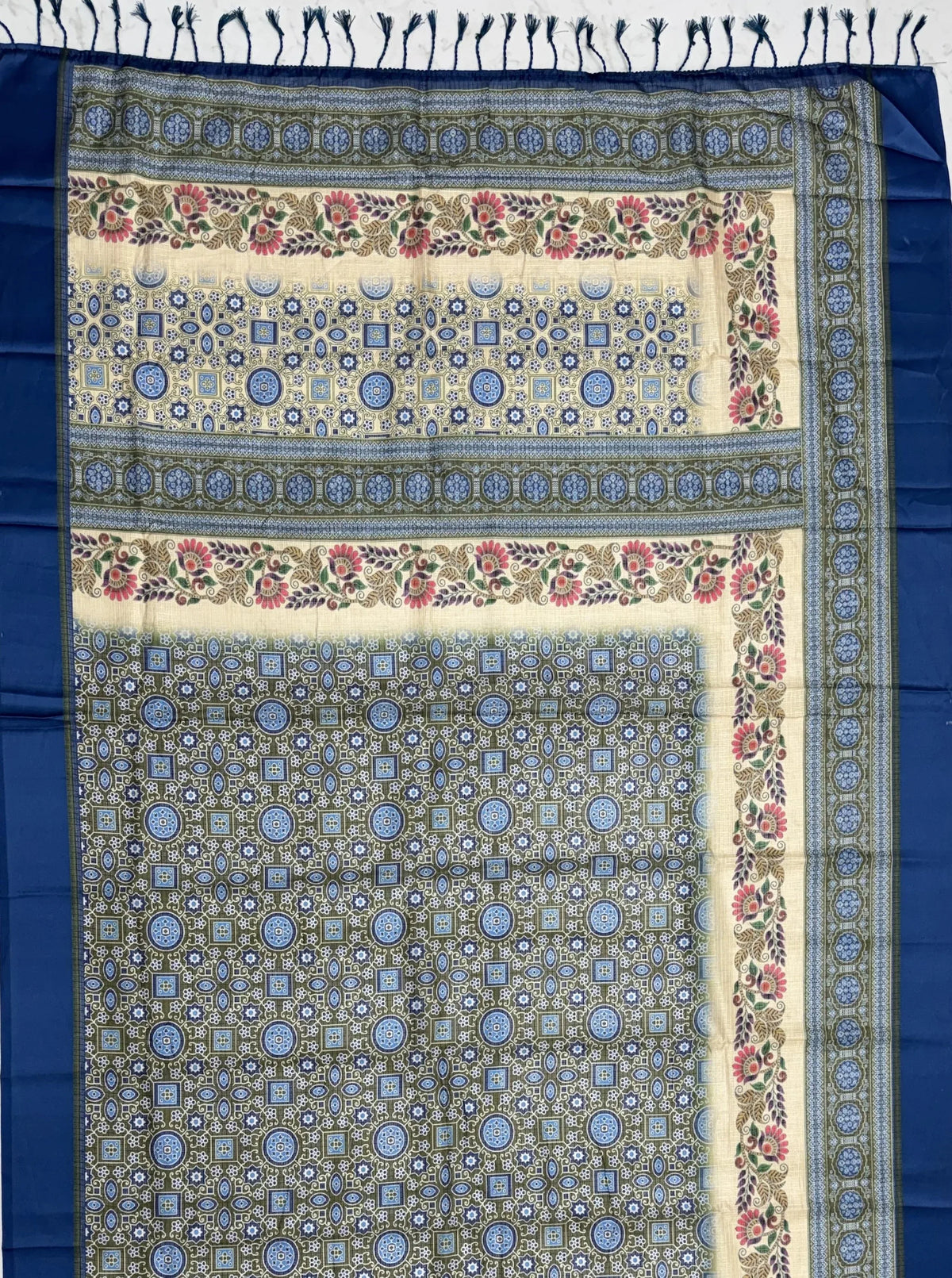 Blue and beige Indian ethnic saree with intricate floral and geometric patterns