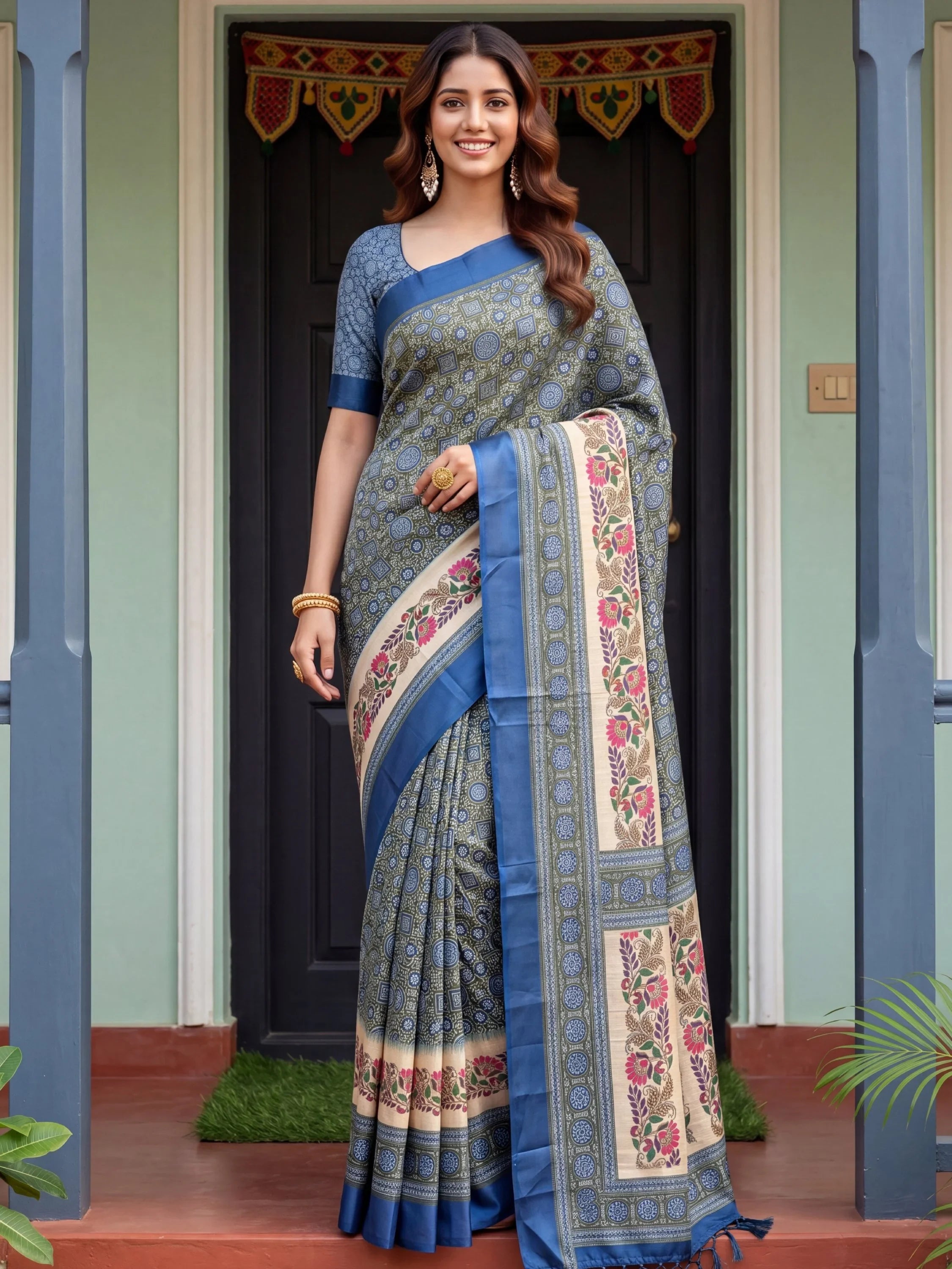 Fascinating Olive Green Digital Printed Silk Event Wear Saree With Blouse