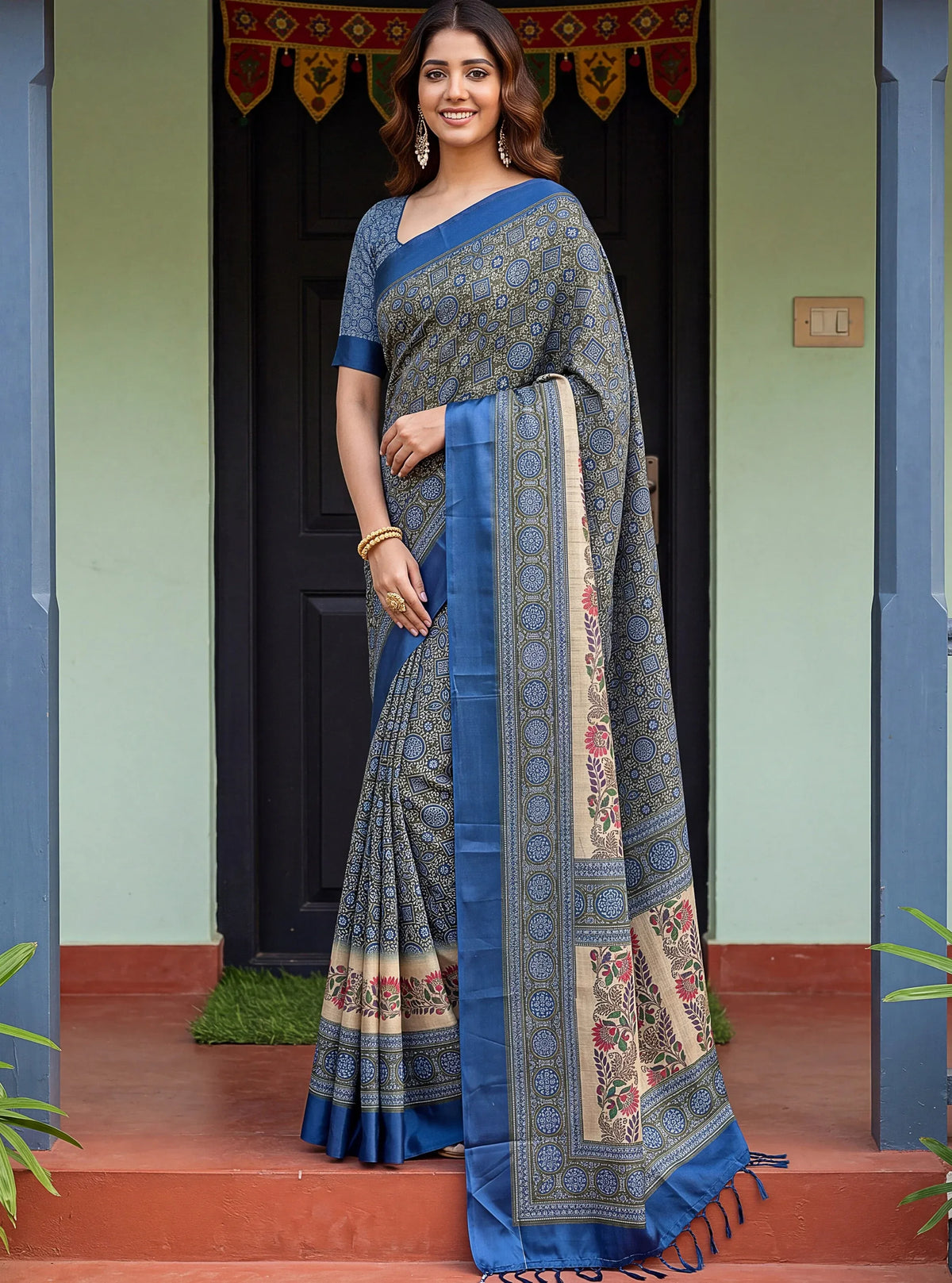 Woman wearing a grey and blue printed ethnic saree with a decorative border