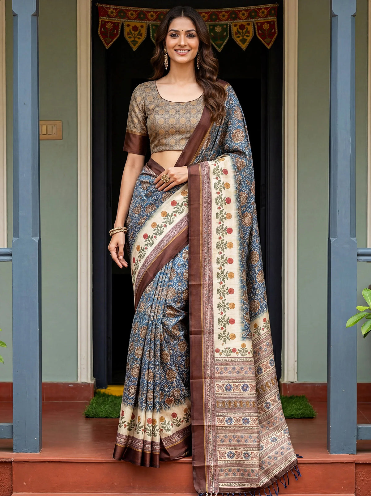 Woman wearing a blue floral print saree with a brown border and matching blouse.