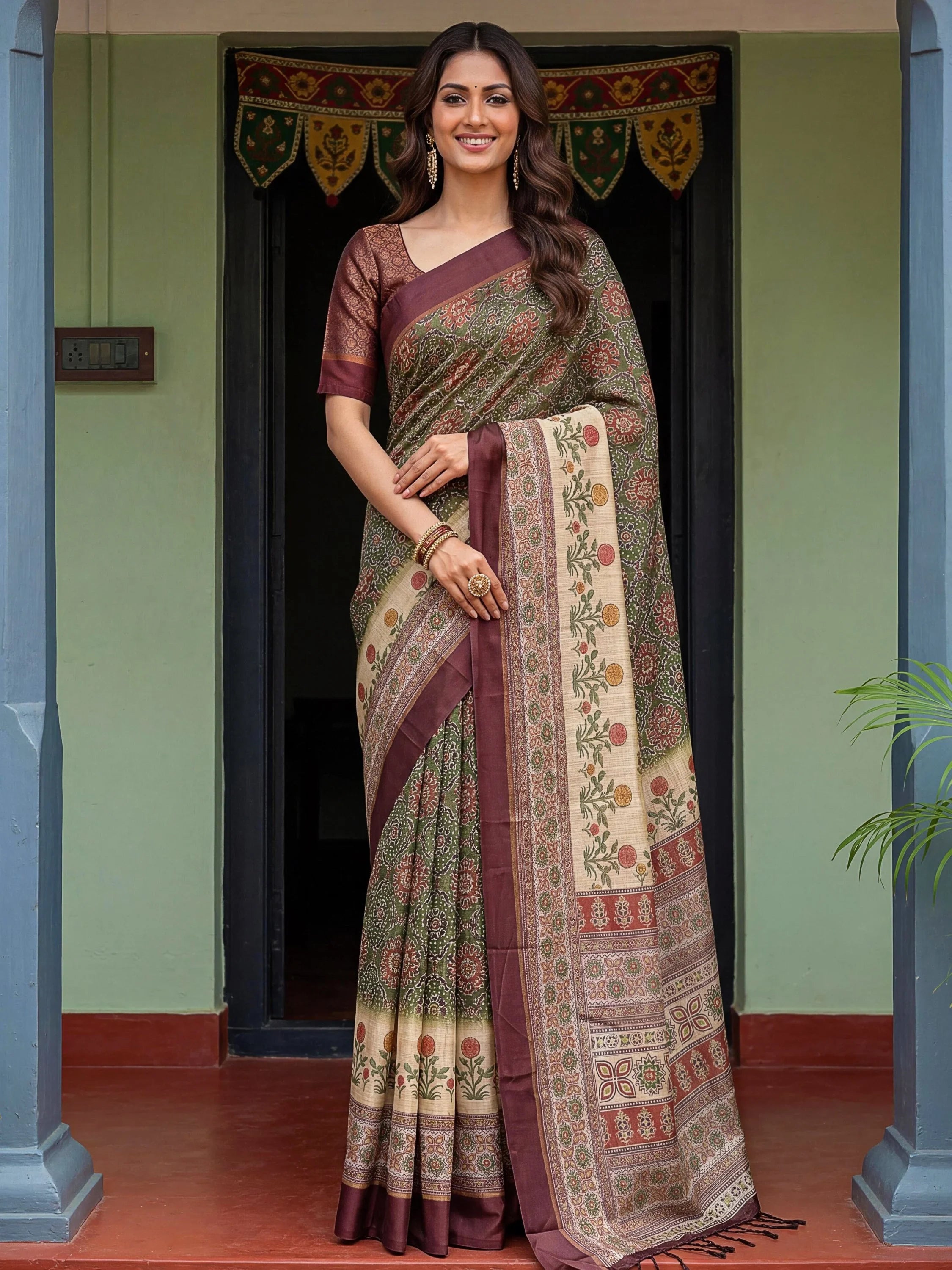 Precious Green Digital Printed Silk Marriage Wear Saree With Blouse