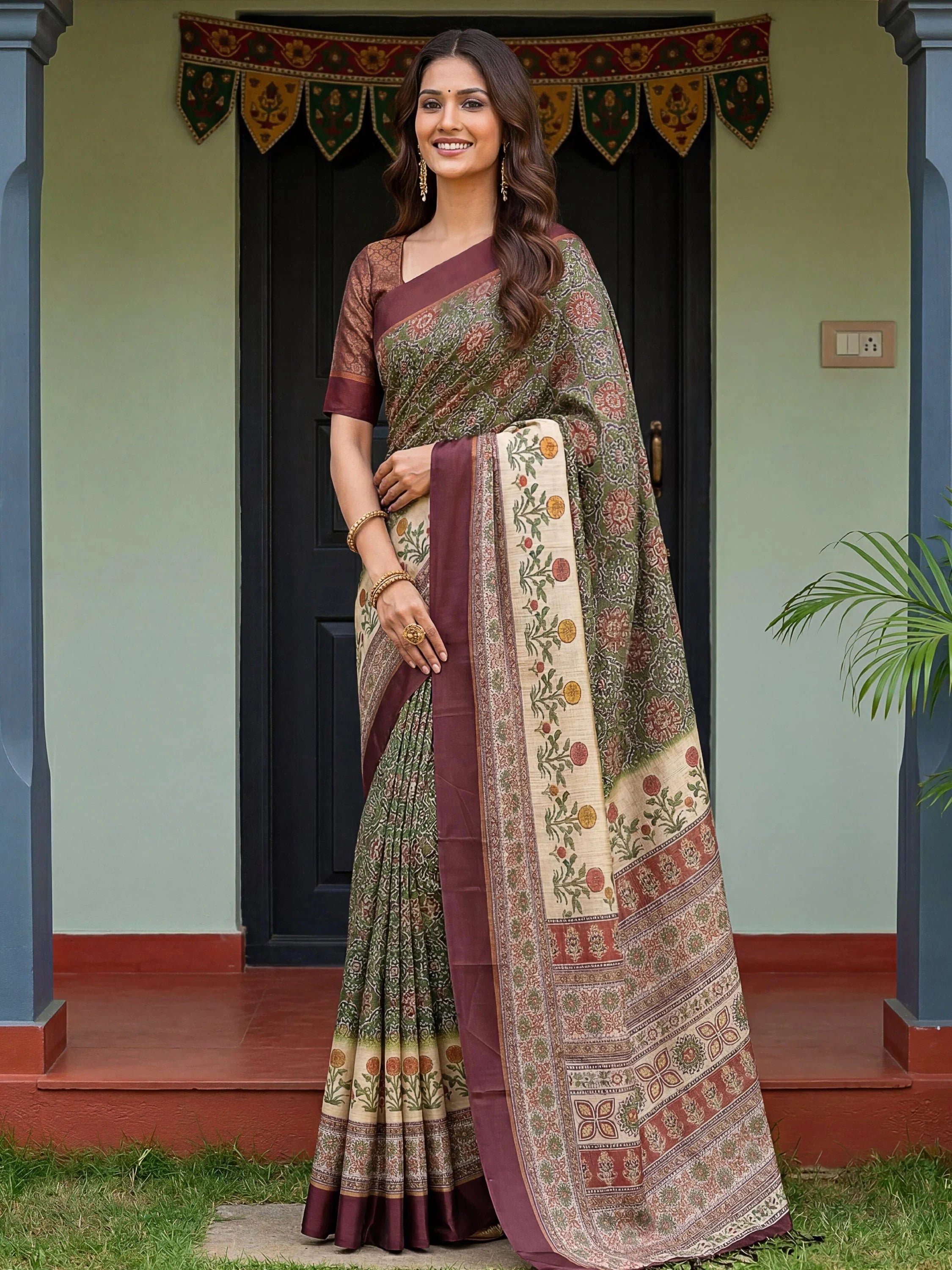 Precious Green Digital Printed Silk Marriage Wear Saree With Blouse
