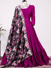 Stunning Purple Party Wear Silk Gown With Printed Dupatta