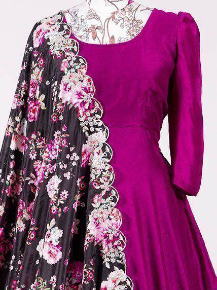 Purple ethnic gown with floral dupatta, designer Indian wear for women