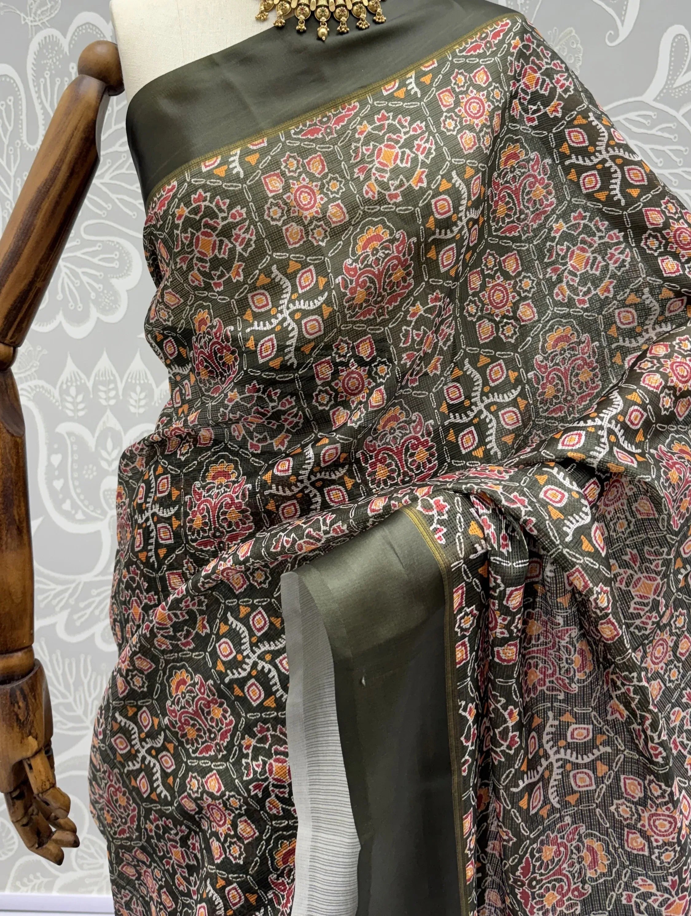 Glorious Olive Green Printed Silk Wedding Wear Saree With Blouse