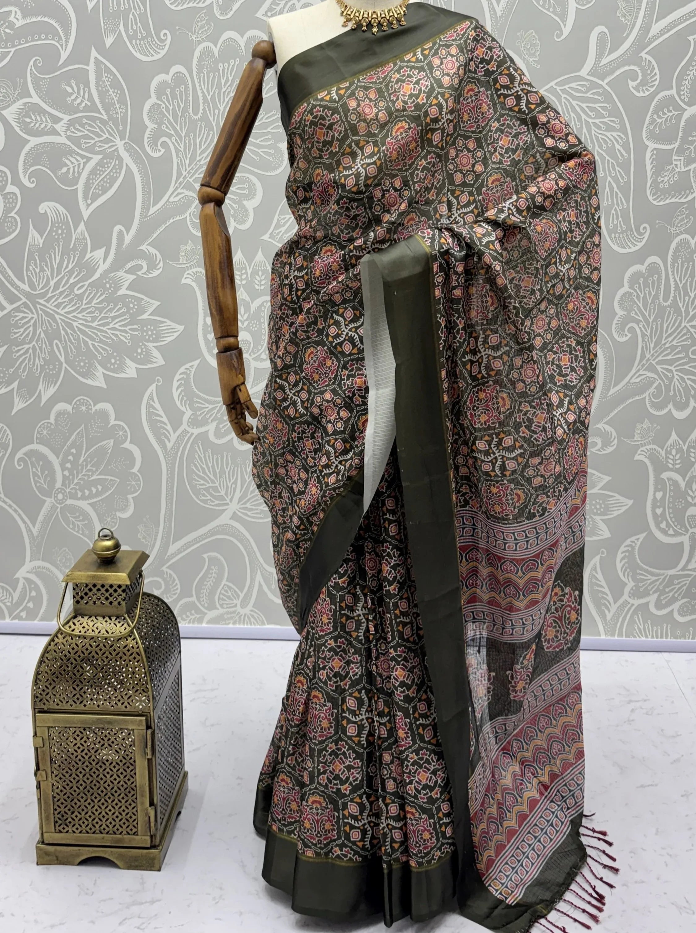 Glorious Olive Green Printed Silk Wedding Wear Saree With Blouse