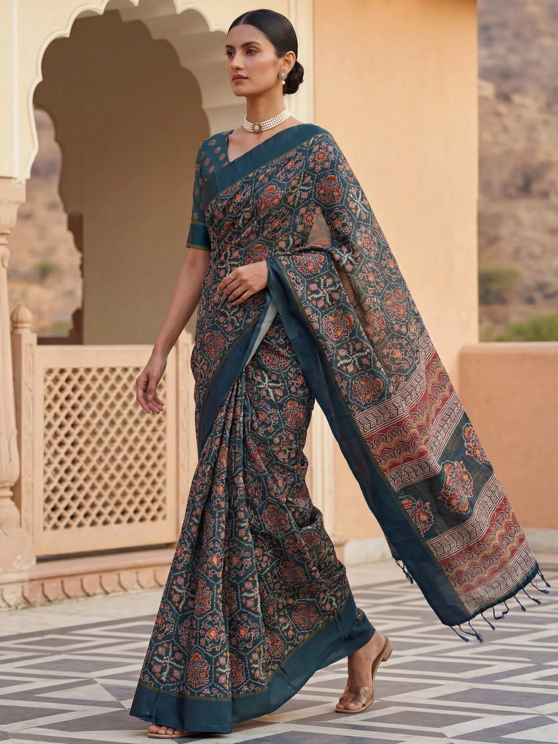 Charming Teal blue Printed Silk Festive Wear Saree With Blouse