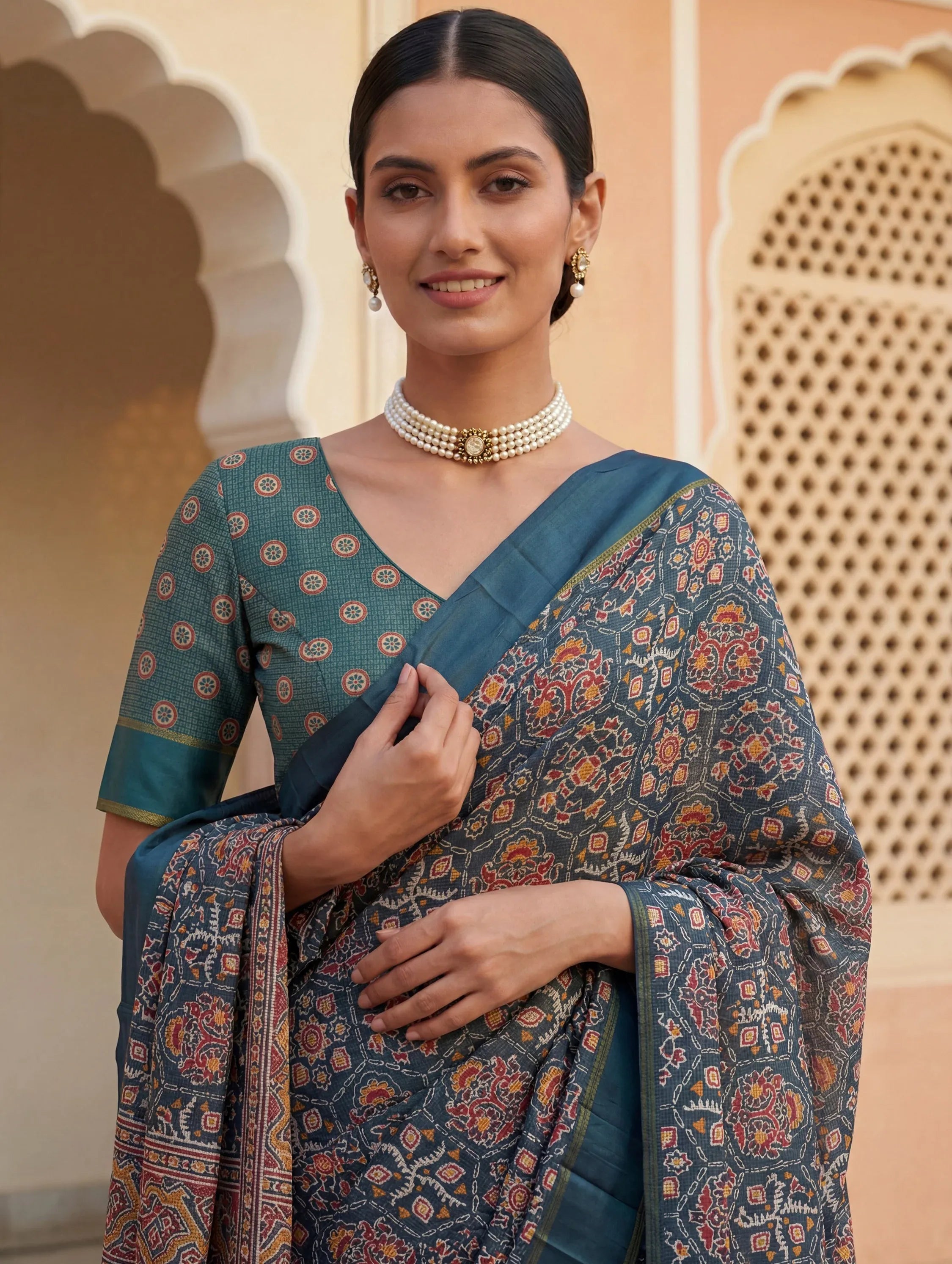 Charming Teal Blue Printed Silk Festive Wear Saree With Blouse