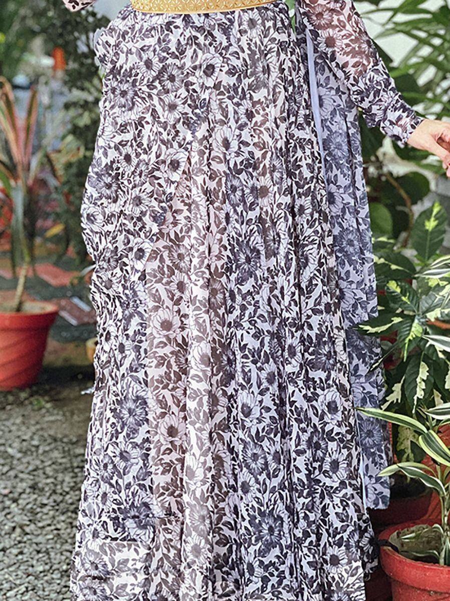 Floral print ethnic gown with sheer sleeves, perfect for Indian wear occasions