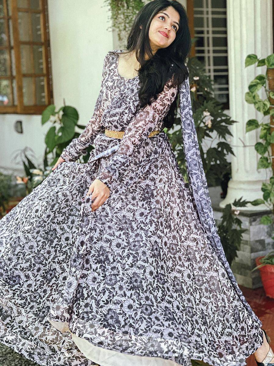 Floral print ethnic gown with gold belt, perfect for Indian occasions and festive wear