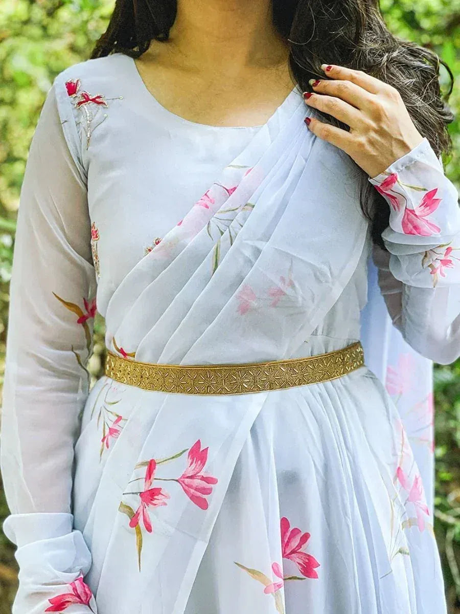White floral printed ethnic gown with gold belt, perfect for Indian occasions