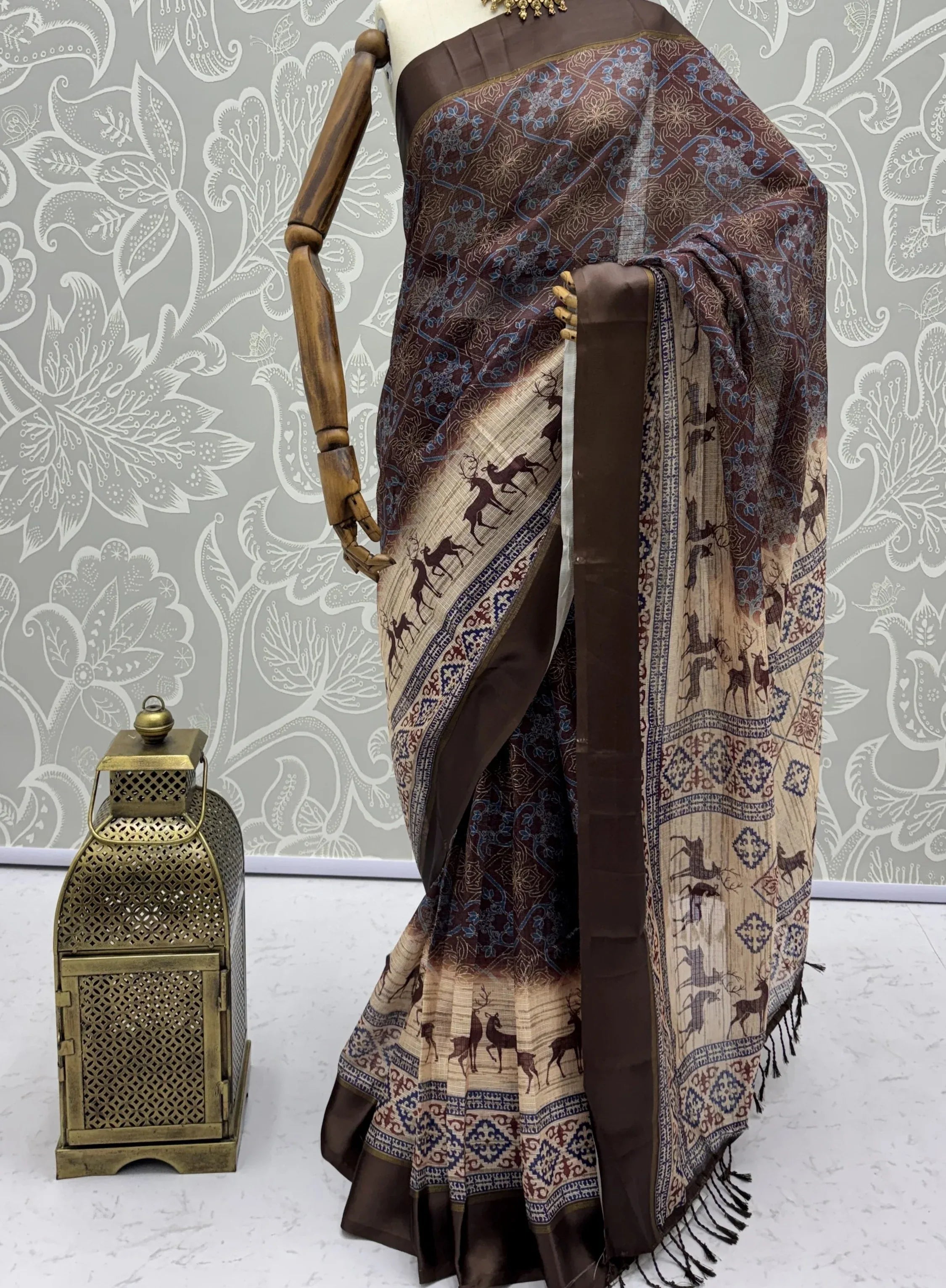 Elegant Brown Digital Printed Silk Casual Wear Saree With Blouse