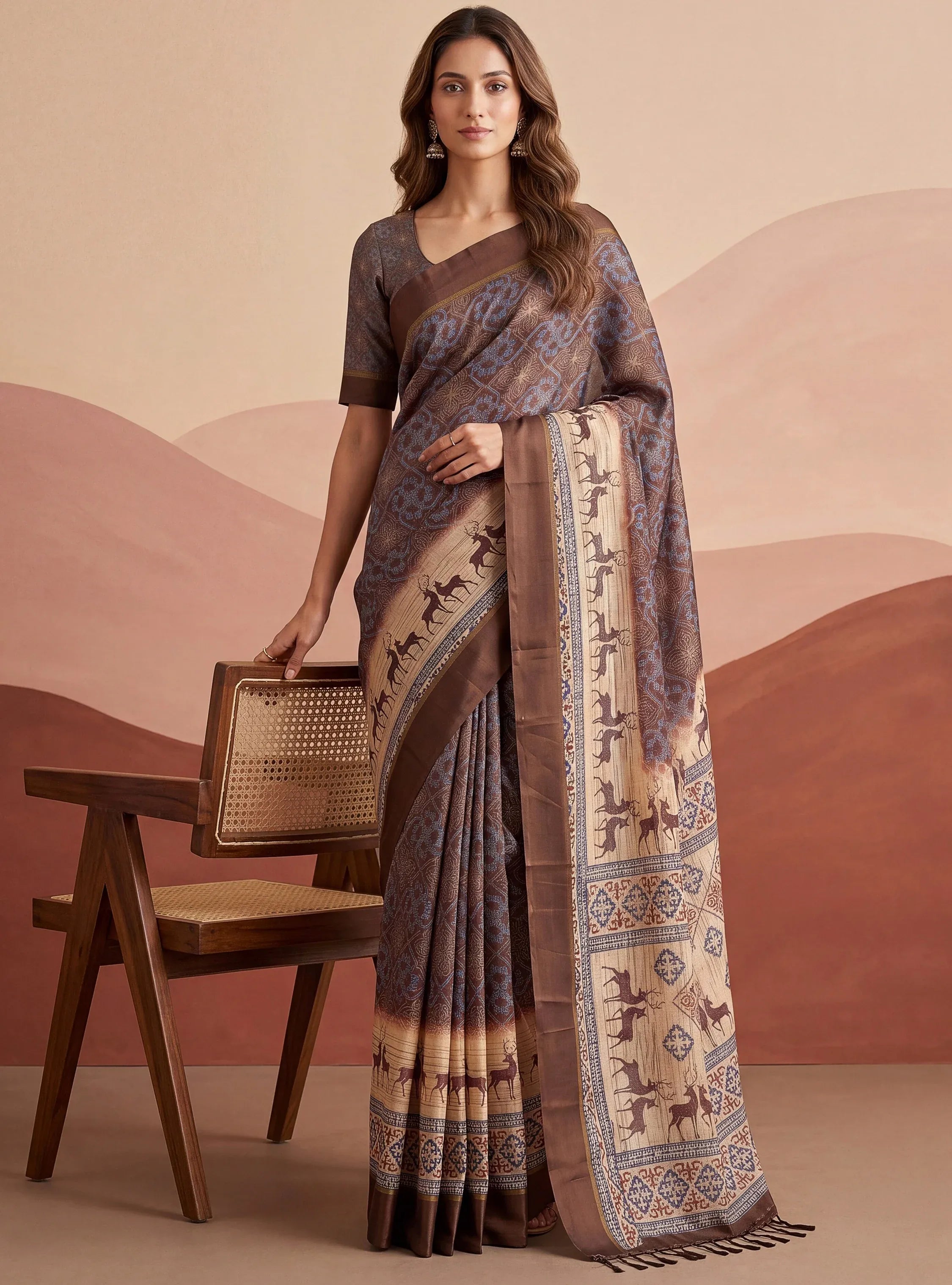 Elegant Brown Digital Printed Silk Casual Wear Saree With Blouse