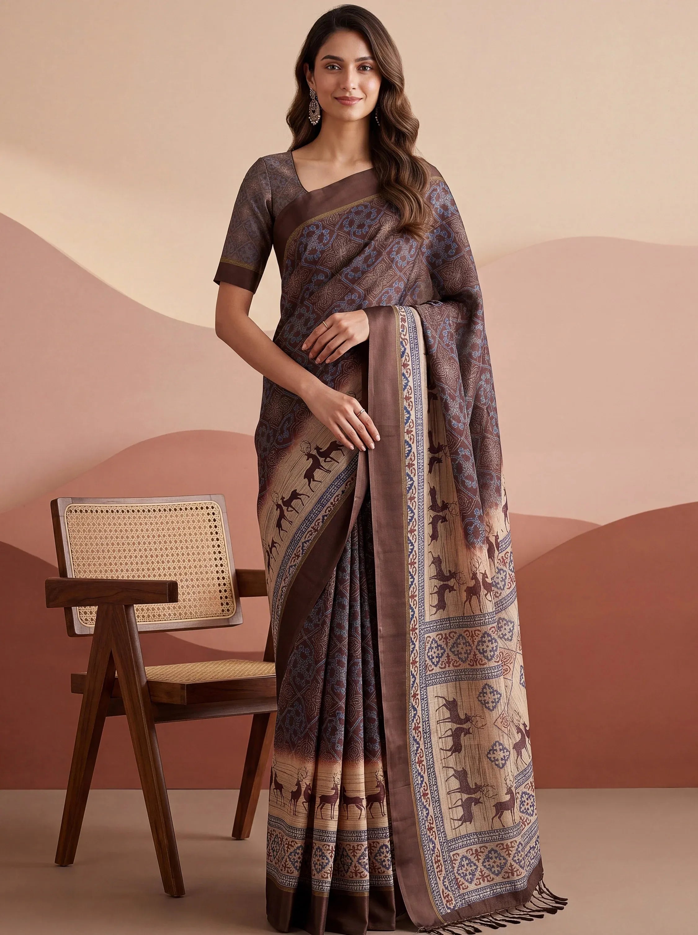 Elegant Brown Digital Printed Silk Casual Wear Saree With Blouse