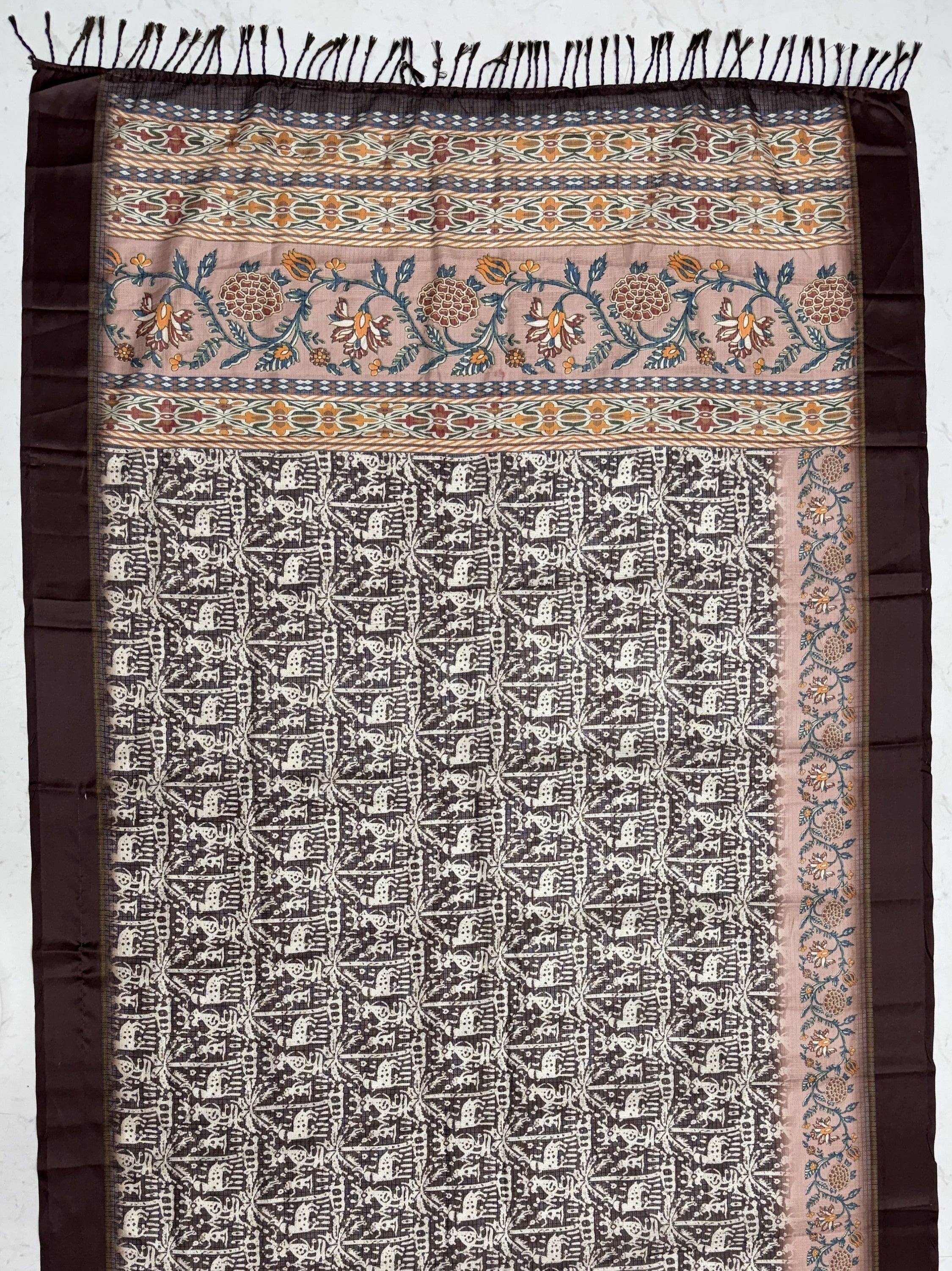 Superb Brown Printed Silk Event Wear Saree With Blouse