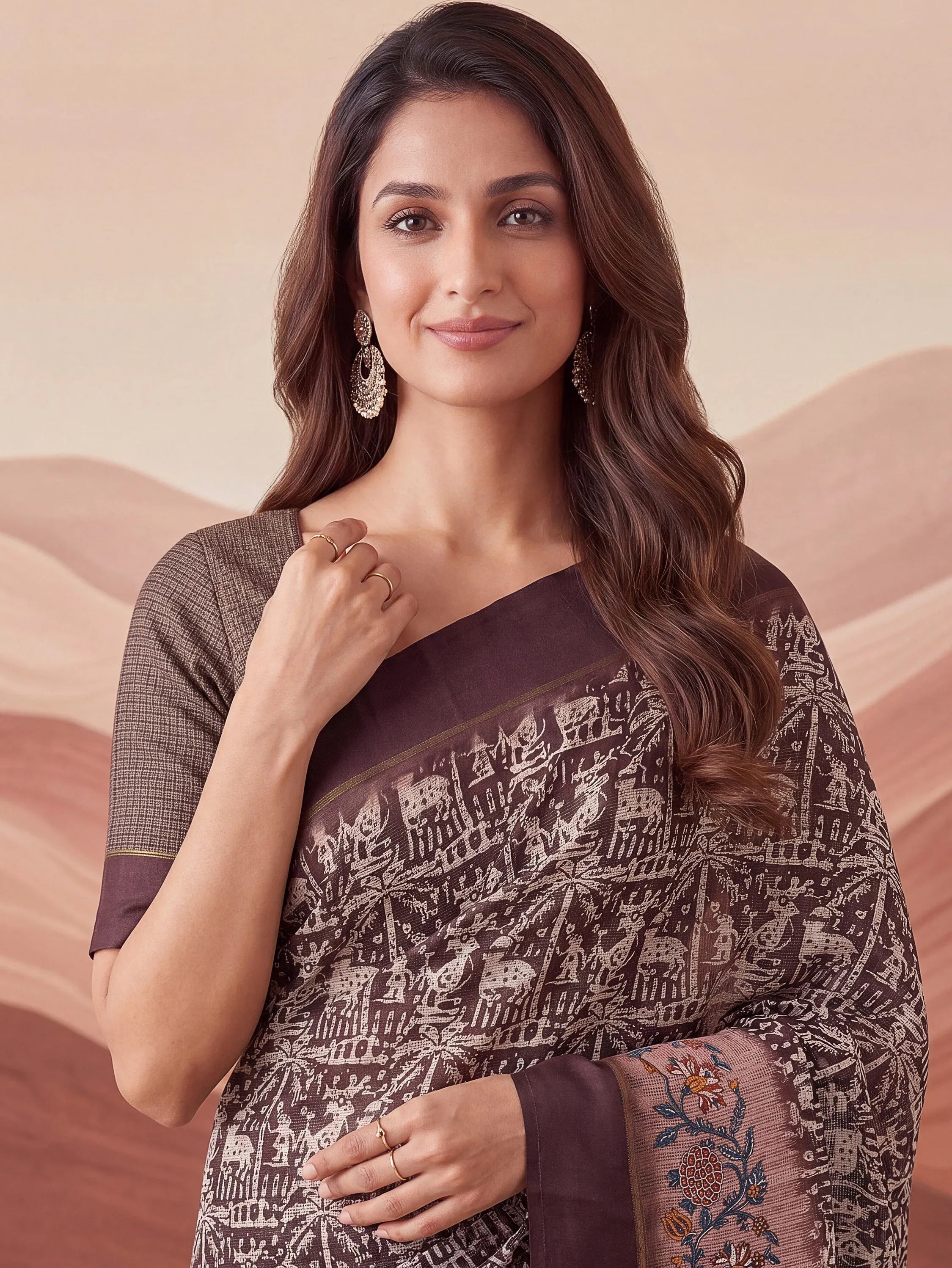 Superb Brown Printed Silk Event Wear Saree With Blouse