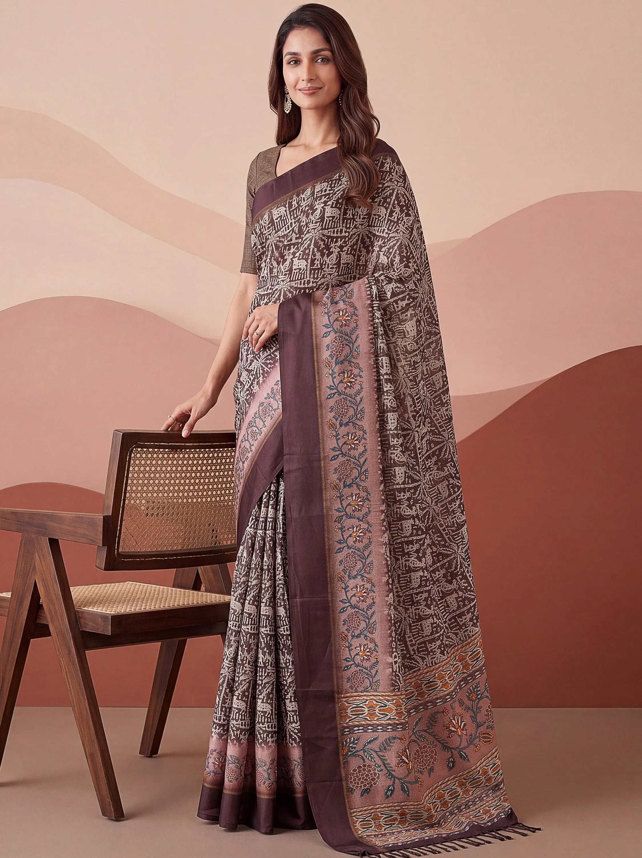 Superb Brown Printed Silk Event Wear Saree With Blouse