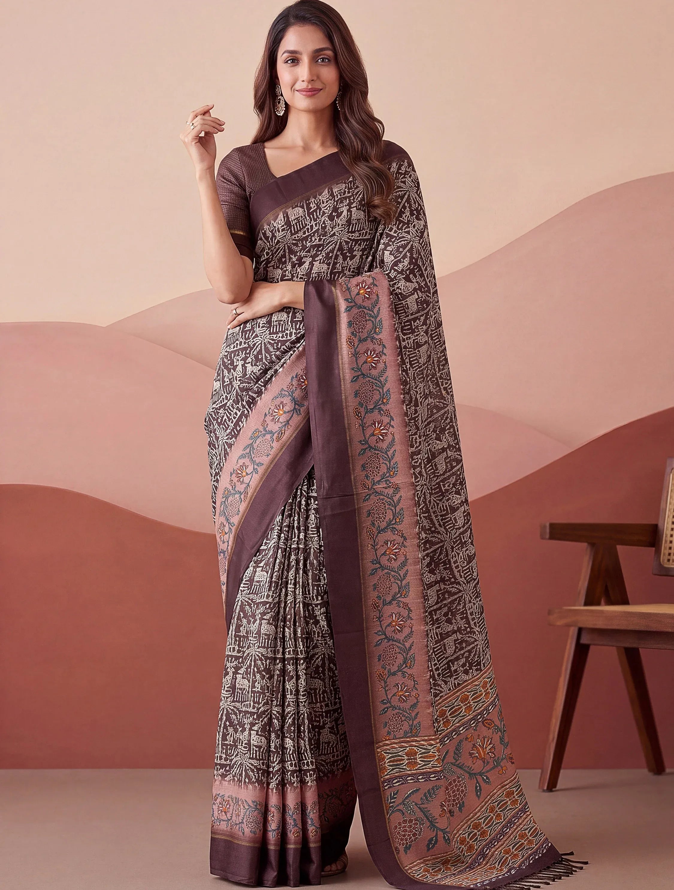 Superb Brown Printed Silk Event Wear Saree With Blouse