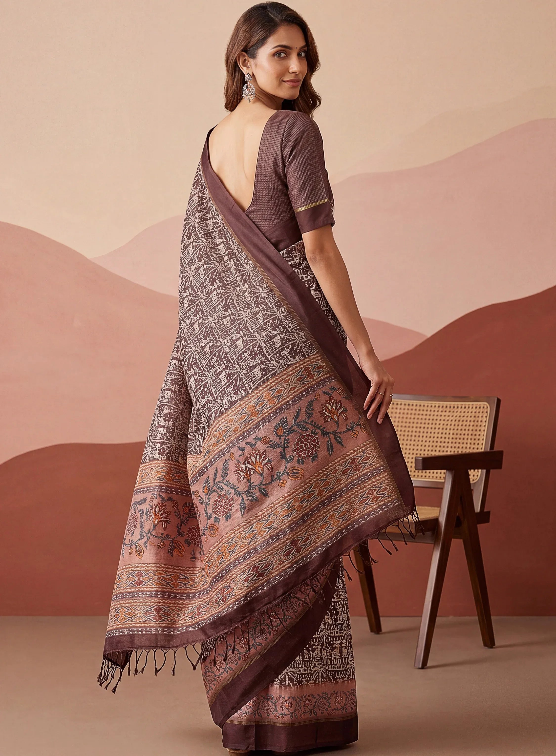 Superb Brown Printed Silk Event Wear Saree With Blouse