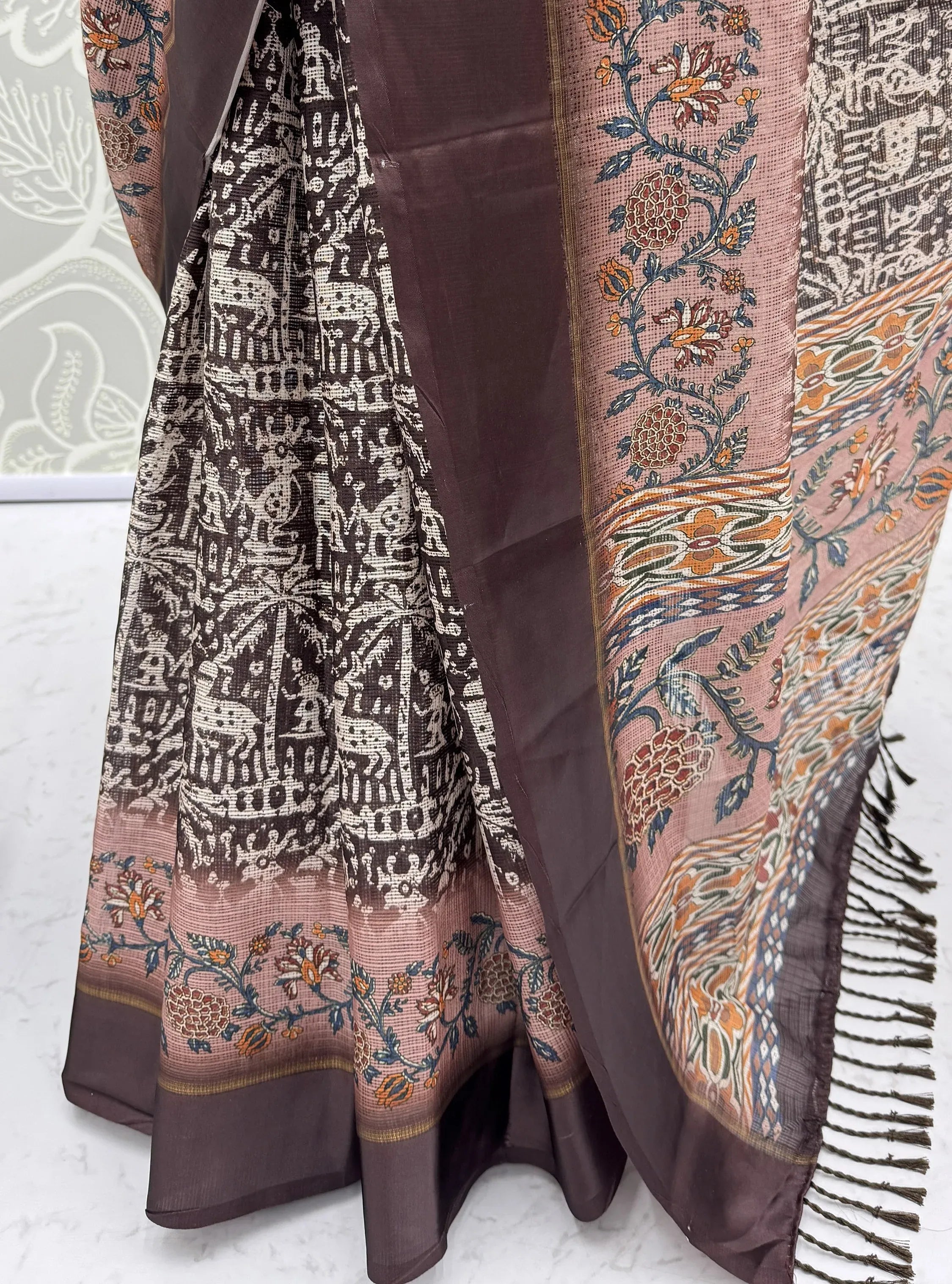 Superb Brown Printed Silk Event Wear Saree With Blouse