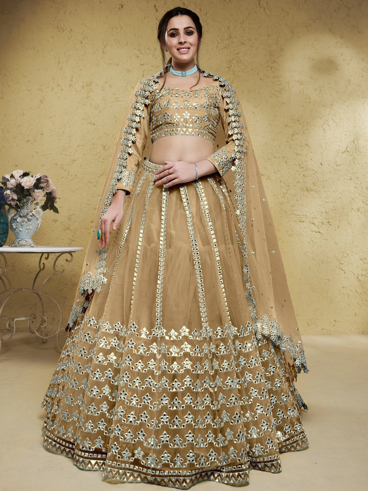 Beige designer lehenga choli with mirror work and cape, Indian ethnic wear for weddings