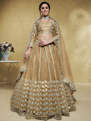 Stunning Beige Foil Work Net Wedding Lehenga Choli With Dupatta