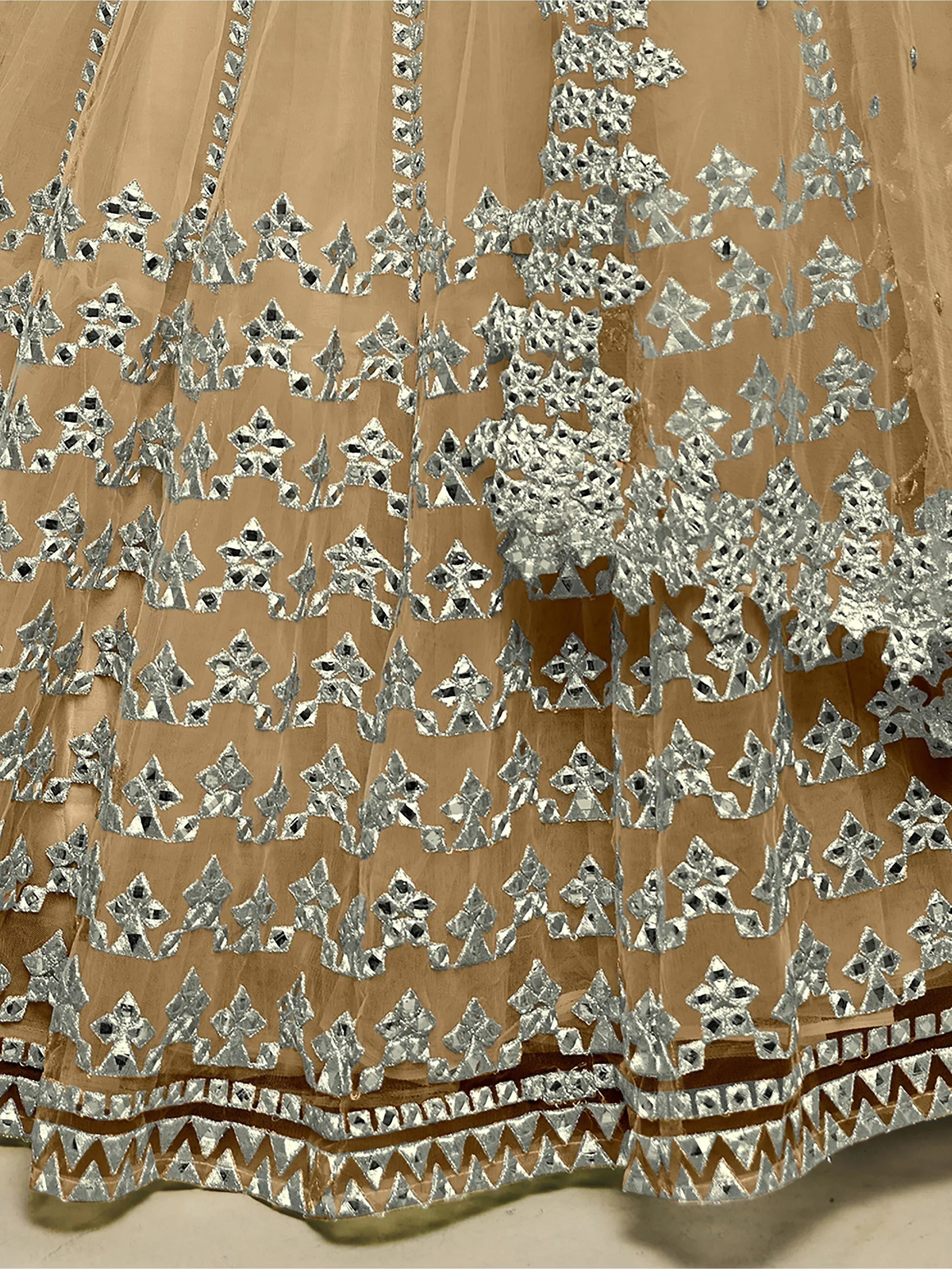 Beige lehenga with silver mirror work and geometric embroidery, ethnic Indian wear