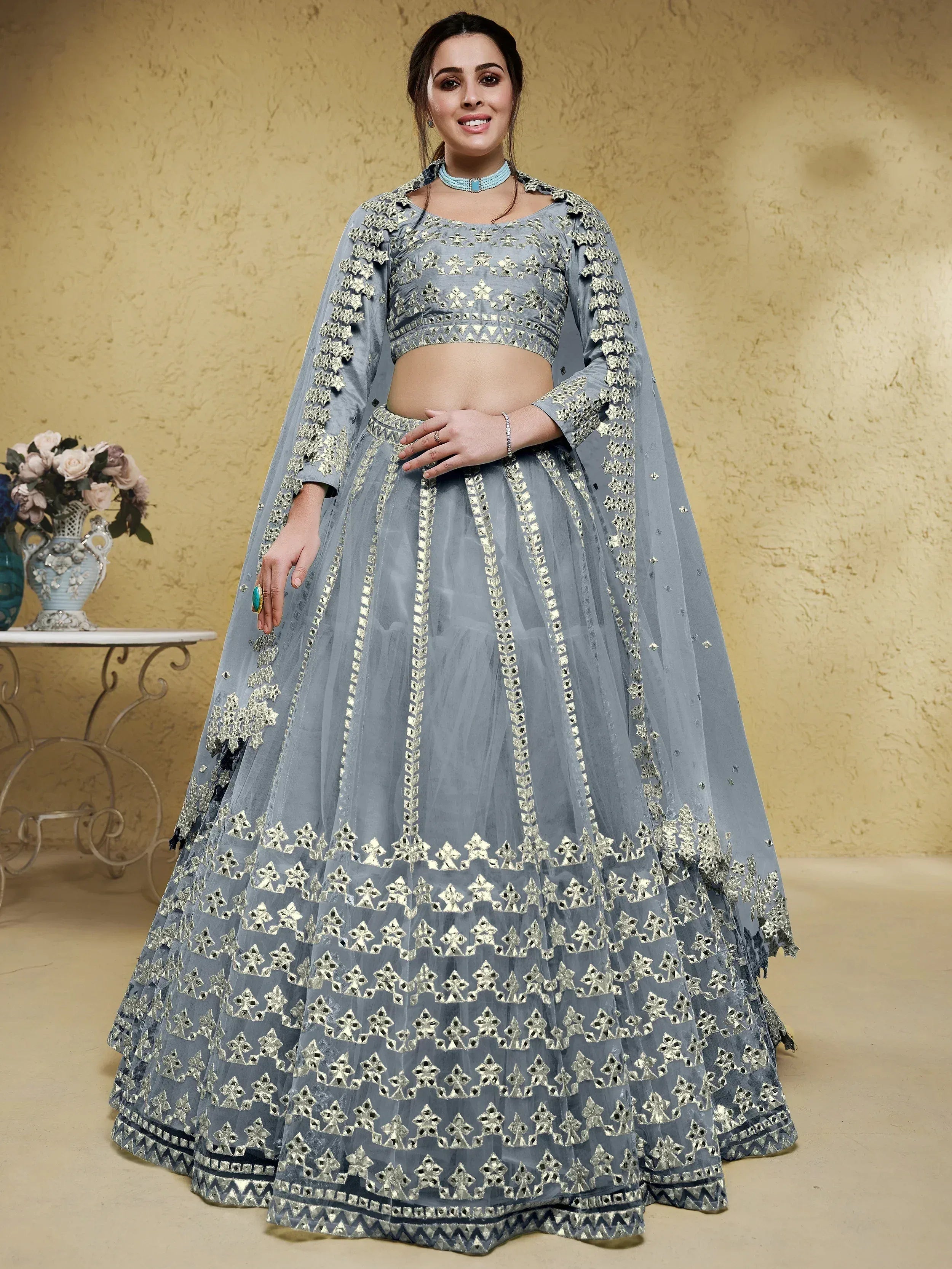 Grey designer lehenga choli with mirror work and cape, Indian ethnic wear for women
