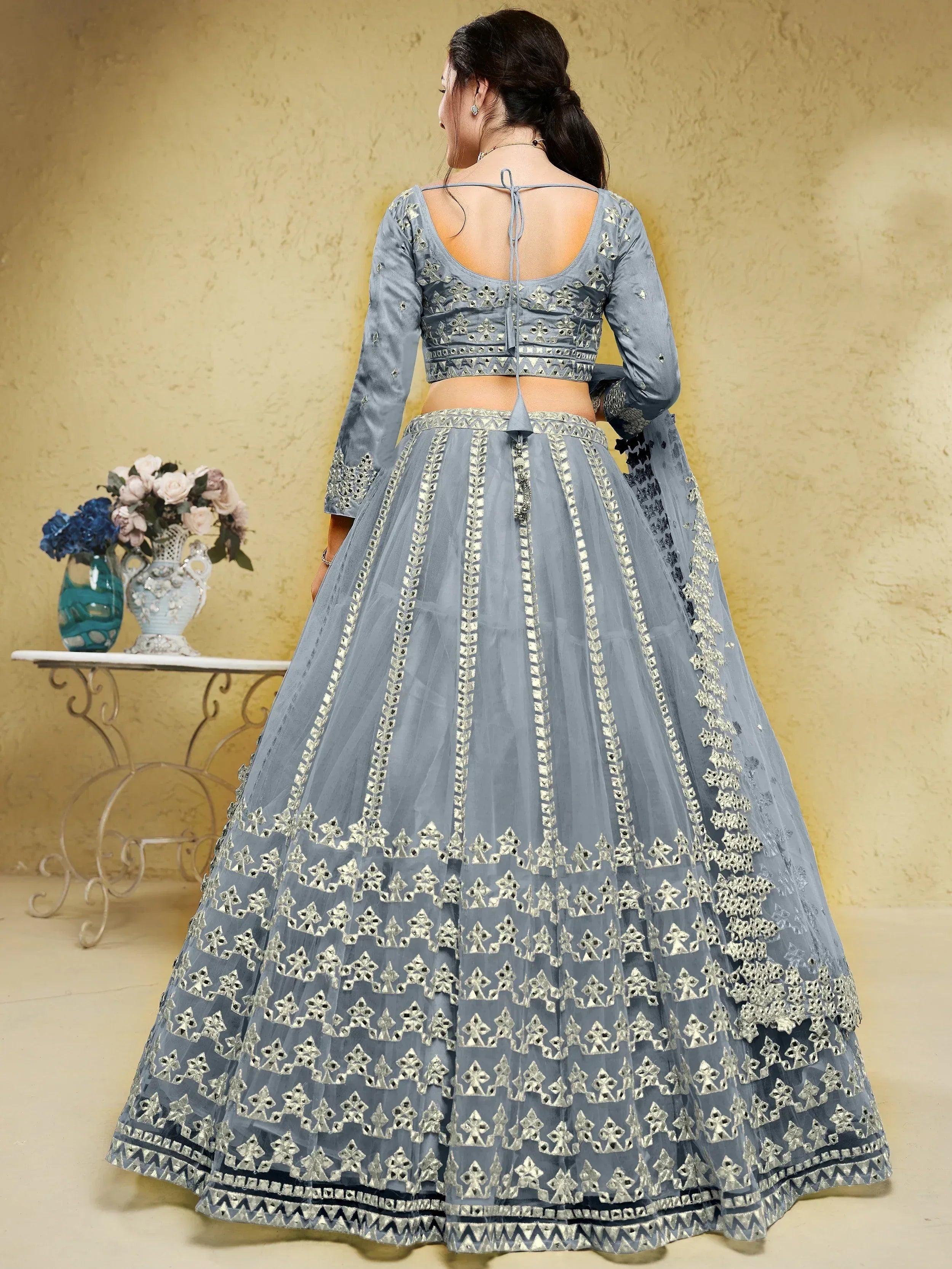 Grey designer lehenga choli with mirror work and open back blouse, ethnic Indian wear