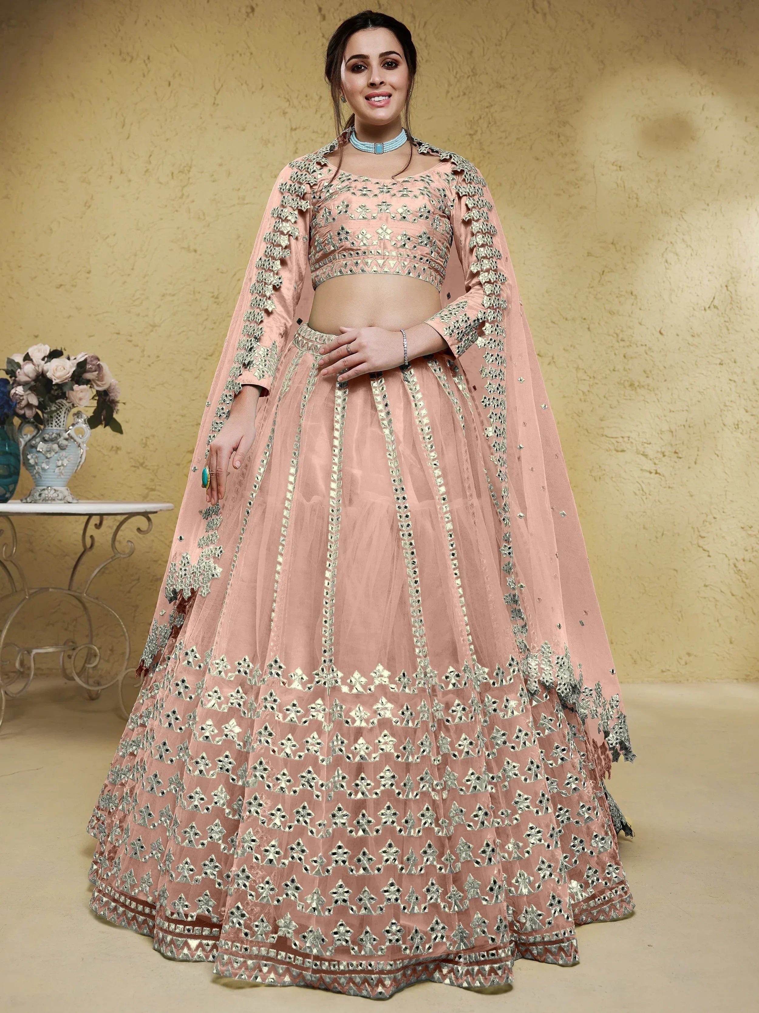 Pink designer lehenga choli with mirror work and cape, Indian ethnic wear for weddings