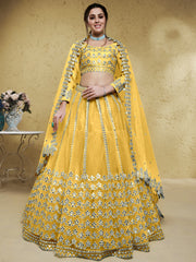 Magnetic Yellow Foil Work Net Haldi Wear Lehenga Choli With Dupatta