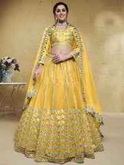 Magnetic Yellow Foil Work Net Haldi Wear Lehenga Choli With Dupatta
