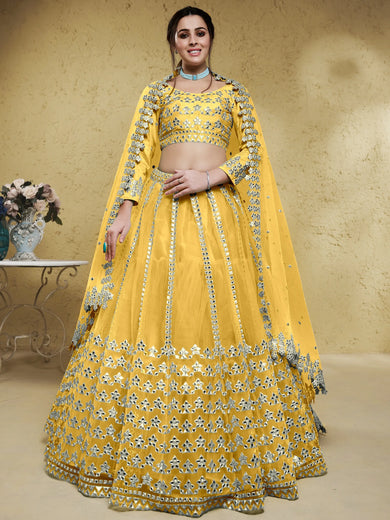 Magnetic Yellow Foil Work Net Haldi Wear Lehenga Choli With Dupatta