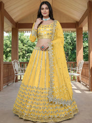 Captivating Yellow Foil Work Net Sangeet Wear Lehenga Choli