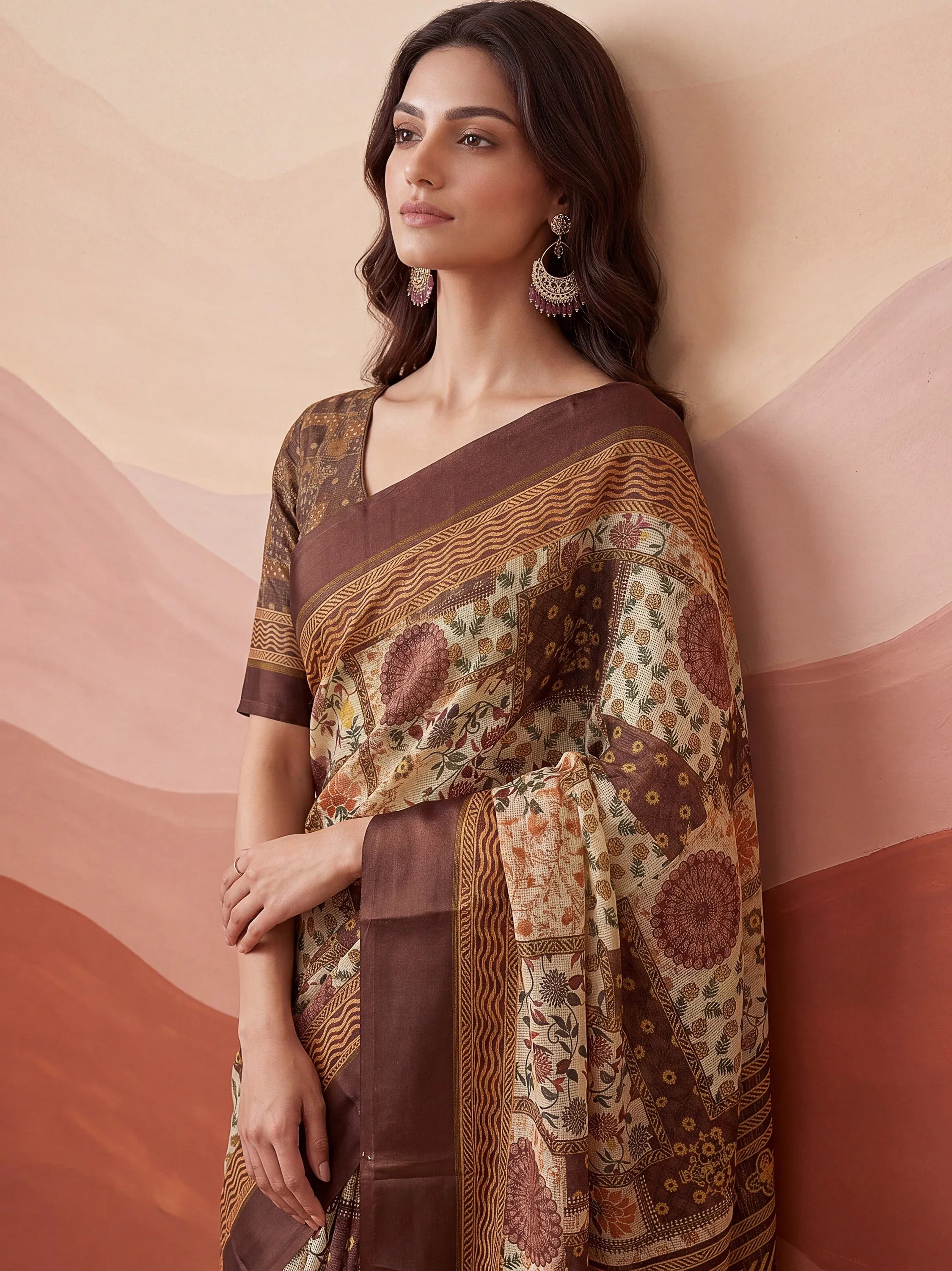 Elegant Brown Digital Printed Silk Casual Wear Saree With Blouse