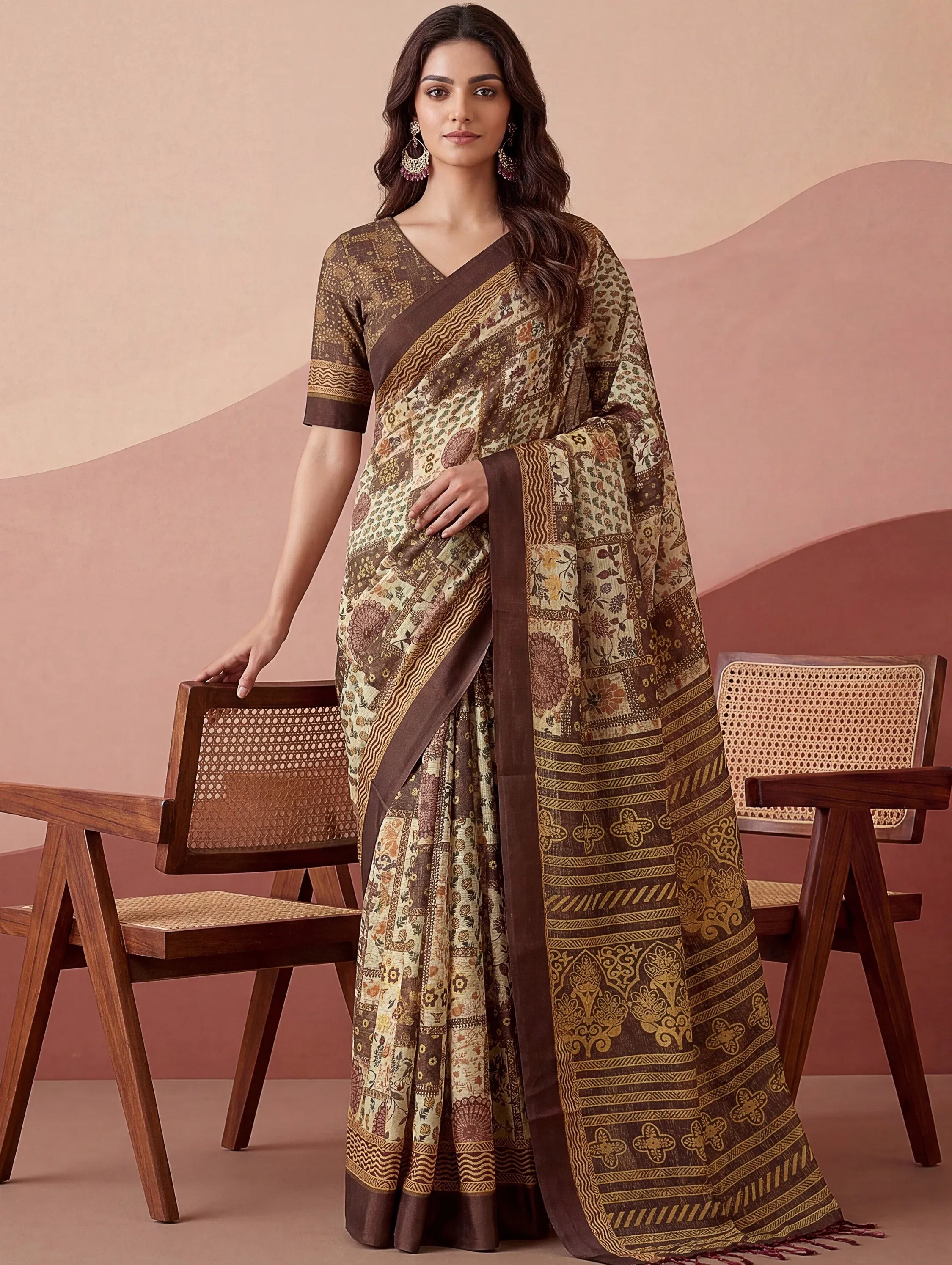 Elegant Brown Digital Printed Silk Casual Wear Saree With Blouse